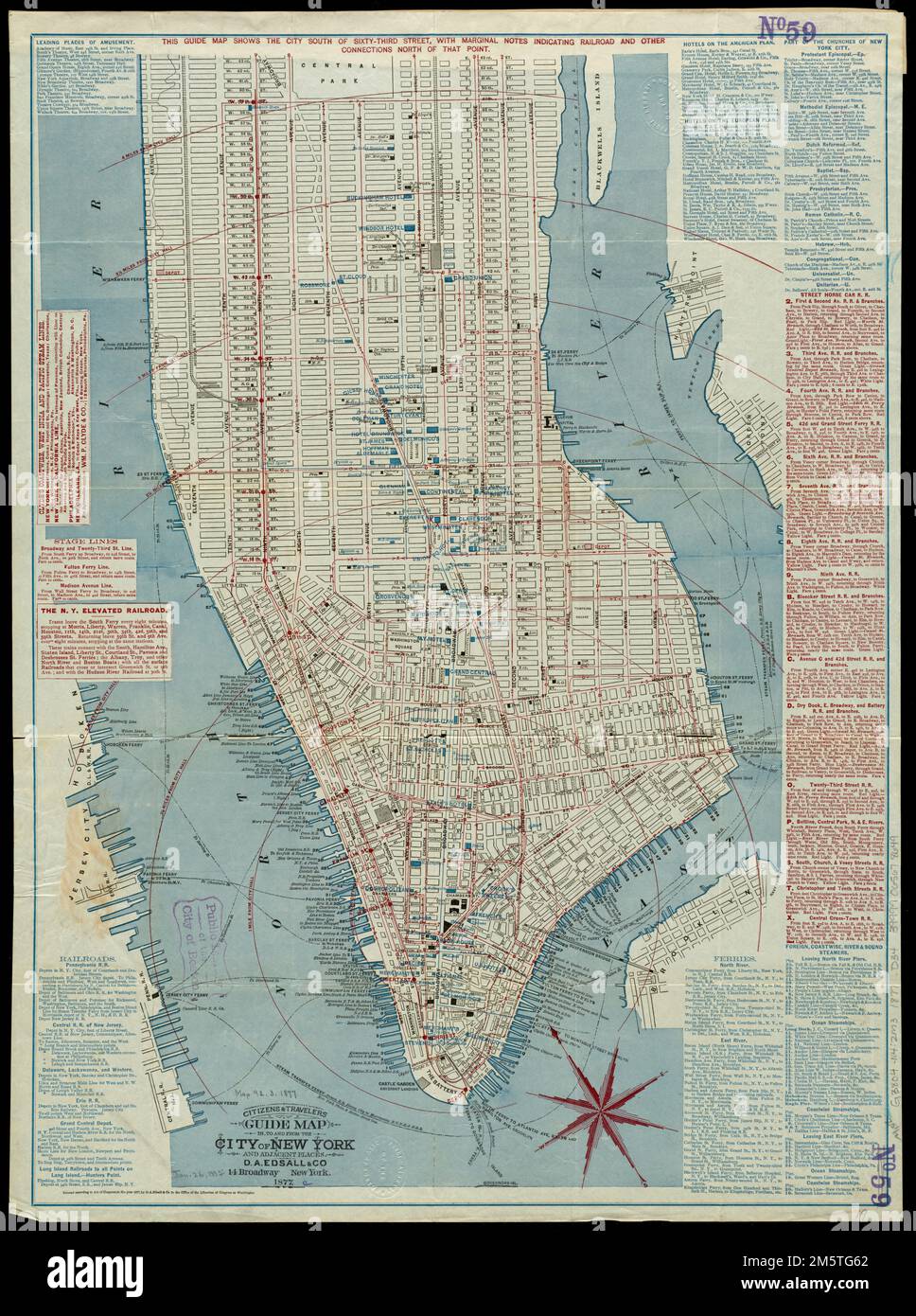 Citizens & travelers guide map in, to and from the city of New York and  adjacent places. Oriented with north to the upper left. Shows radial  distances from City Hall and ferry