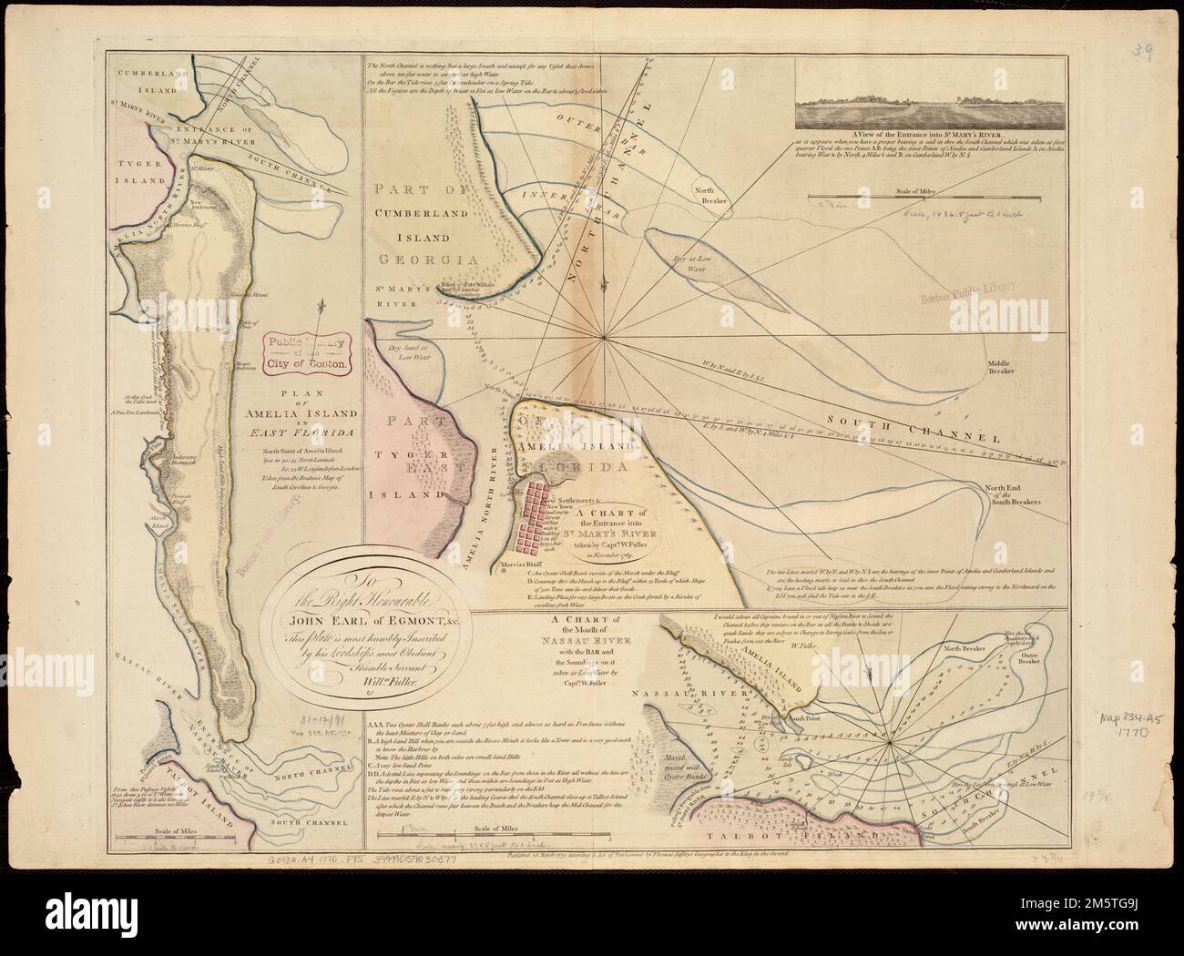 Plan of Amelia Island in East Florida : A chart of the entrance into St. Mary's River taken by Captn. W. Fuller in November, 1769 ; A chart of the mouth of Nassau River with the bar and the soundings on it taken at low water by Captn. W. Fuller. Relief shown by hachures and pictorially. Depths shown by soundings. 'This plate is ... inscribed by ... Willm. Fuller.' Includes A view of the entrance into St. Mary's River. Dedication in cartouche... Chart of the entrance into St. Mary's River taken by Captn. W. Fuller in November, 1769 Chart of the mouth of Nassau River with the bar and the soundin Stock Photo