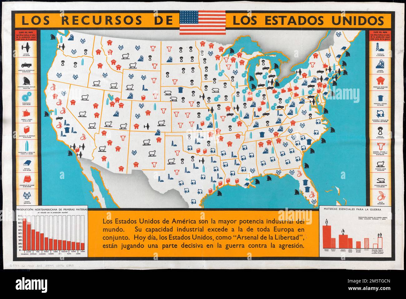 Los recursos de los Estados Unidos. Key to symbols also lists the pre-war annual production value of the resources. Includes 2 charts: Producción Norteamericana de primeras materias en relación con la producción mundial -- Materias esenciales para la guerra.. Poster showing the resources and industries of the United States, declaring the U.S. the greatest industrial power and its importance in World War II. In the lower left is a chart showing the percentage of various raw materials produced in North America relative to the total produced worldwide. In the lower right is a chart comparing c Stock Photo