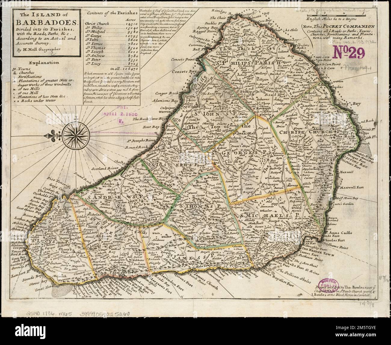 The island of Barbadoes : divided into its parishes, with the roads, paths, &c. according to an actual and accurate survey. Relief shown pictorially. Shows churches, forts, plantations, windmills, submerged rocks, etc. Includes table of areas of parishes and geographical note. Oriented with north toward left. In upper right margin: 59. Appears in the author's Atlas minor. London : Thomas Bowles and John Bowles, [1736].... , Barbados Stock Photo