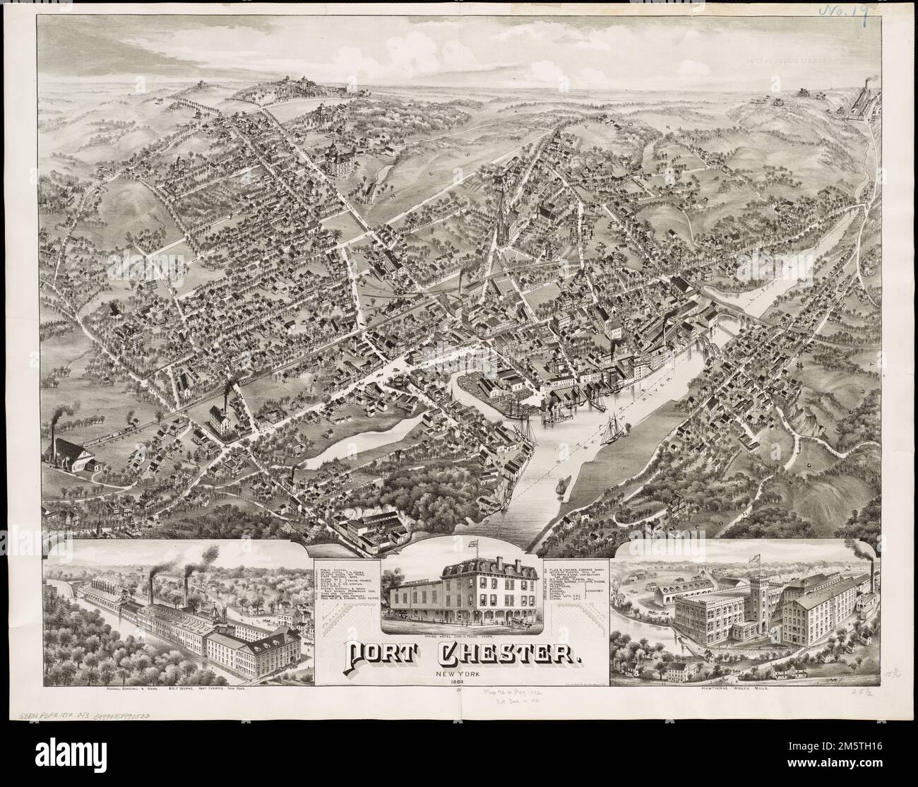 Port Chester, New York 1882. Bird'seye view. Includes index for points of interest and ill