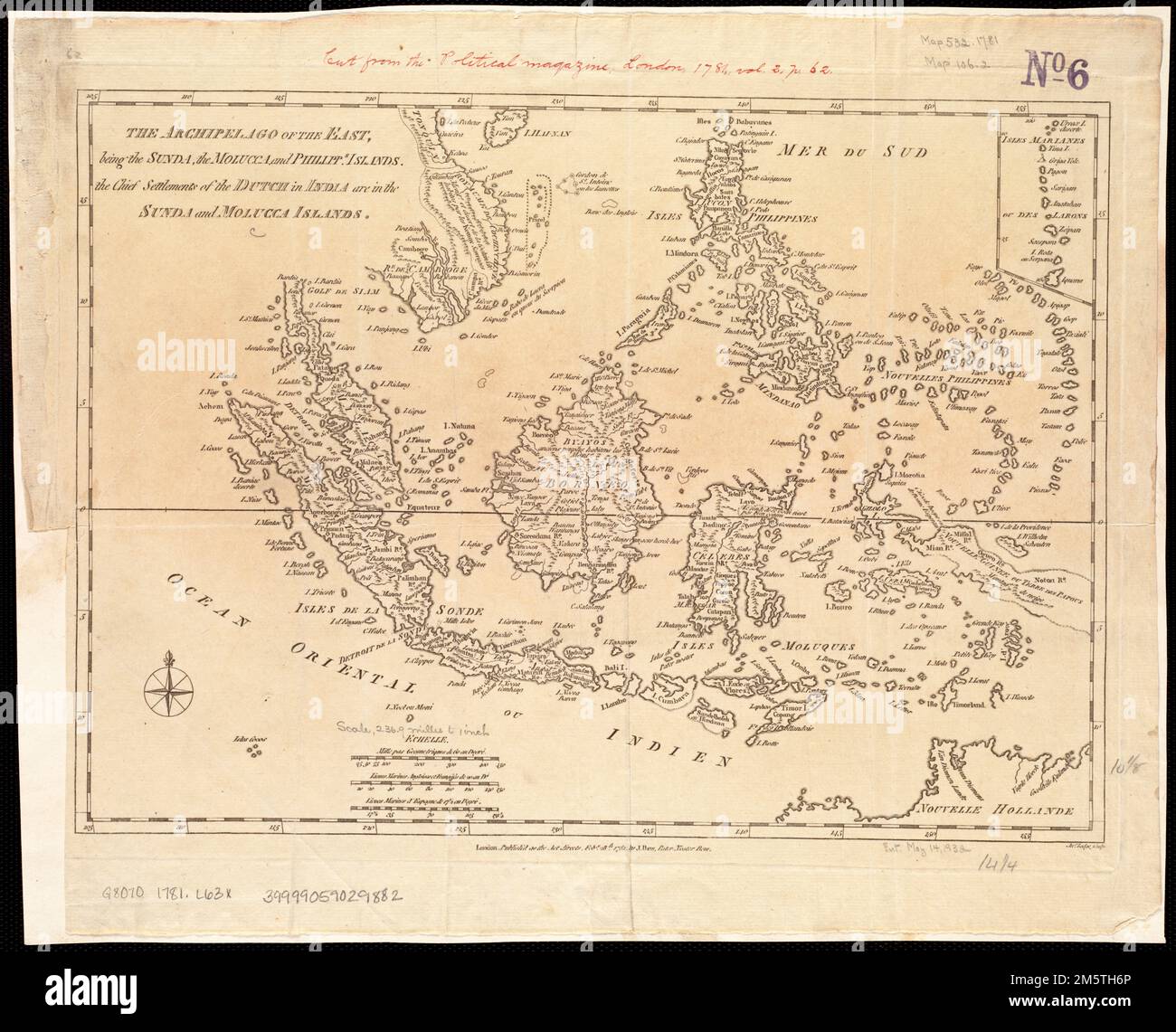 The archipelago of the East, being the Sunda, the Molucca, and Phillipps. Islands : the chief settlements of the Dutch in India are in the Sunda and Molucca Islands. Relief shown pictorially. Map of the southern part of the Malay peninsula, Borneo, the islands of the Indonesian archipelago and the Philippines. Appears in The Political Magazine. London : J. Bew, 1781. Vol. 2, p. 62.... , Indonesia Philippines Malaysia Stock Photo