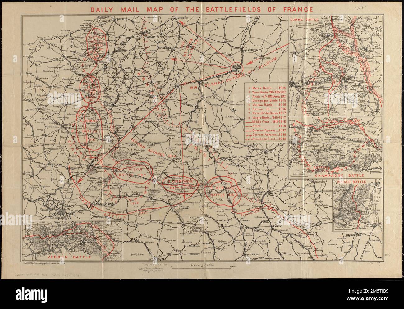 Daily Mail map of the battlefields of France. Insets: Somme Battle -- Champagne Battle -- Vosges Battle -- Verdun Battle.... , France Stock Photo