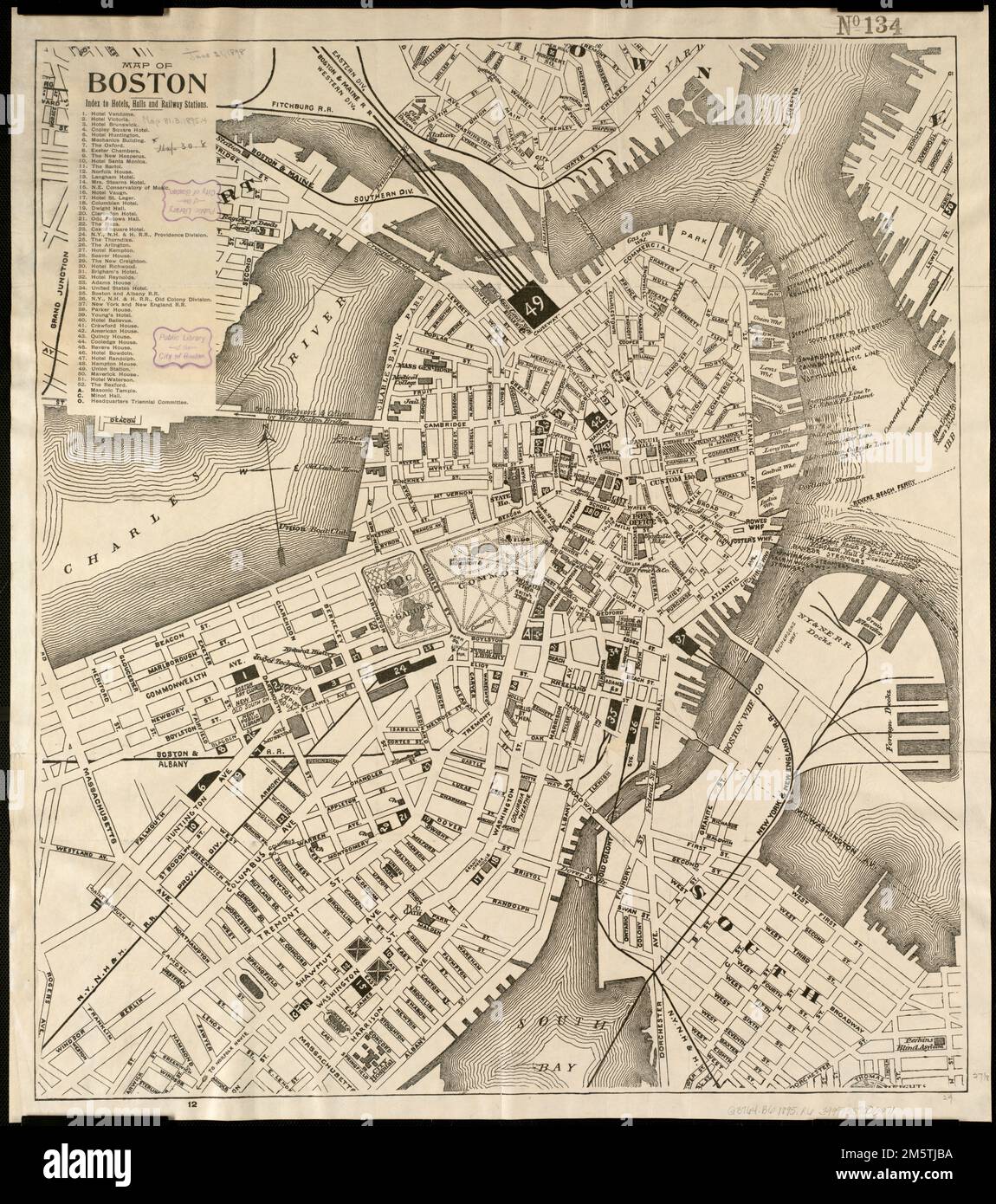 Map of Boston. Index to hotels, halls, and railway stations