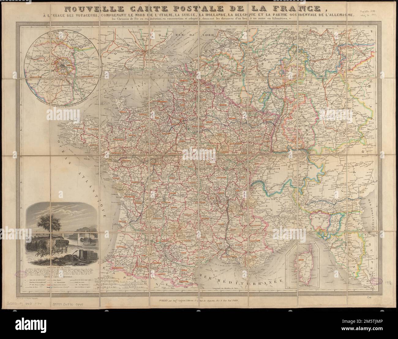 Nouvelle carte postale de la France, à l'usage des voyageurs, comprenant le nord de l'Italie, la Suisse, la Hollande, la Belgique et la partie occidentale de l'Allemagne, les chemins de fer en exploitation, en construction et adoptés, donnant les distances d'un lieu à un autre en kilomètres. Shows post roads, royal roads, railroads and steam ship routes. Prime meridian: Paris. Insets: Environs de Paris dans un rayon de 65 kilomètres -- [Corsica]. Includes vignette.... , France Stock Photo
