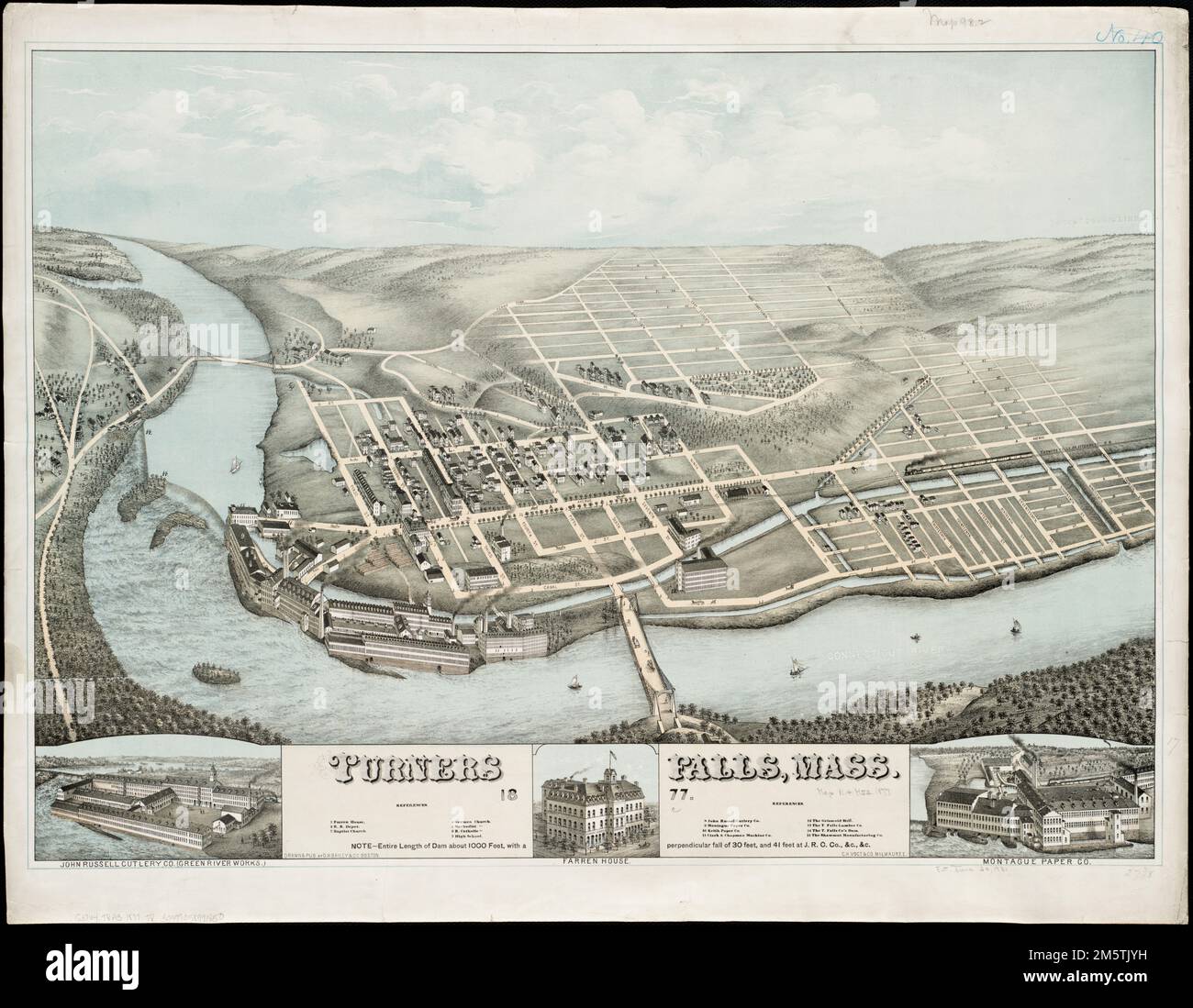 Turners Falls, Mass 1877. Hand colored. Bird'seye view. Includes ill