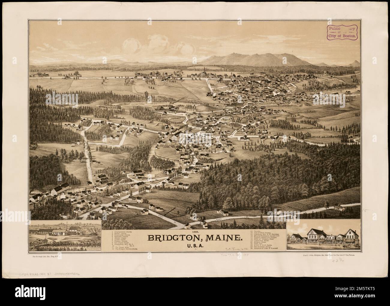 Bridgton, Maine U.S.A., 1888. Bird'seye view. "Fred C. Gibbs
