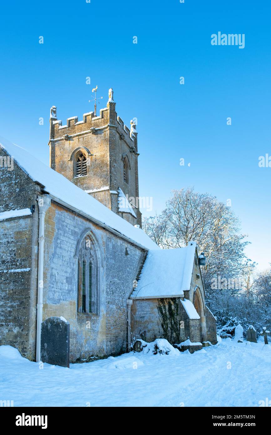 St Oswald's church in the early morning winter snow. Compton Abdale