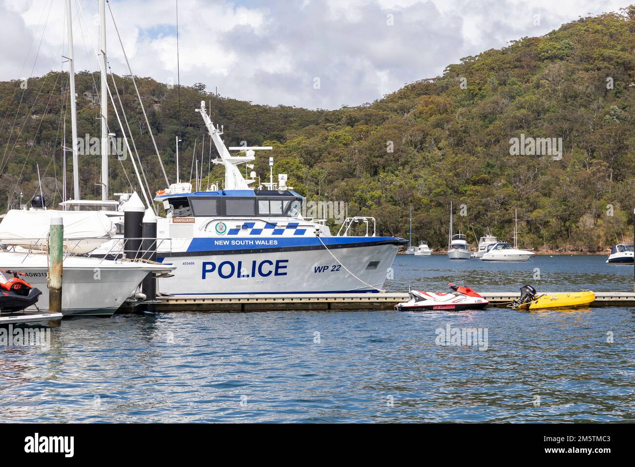 NSW Police 16 metre patrol boat WP22 Vanguard launched in 2019, moored at a marina in Church Point on Pittwater,Sydney,NSW,Australia Stock Photo