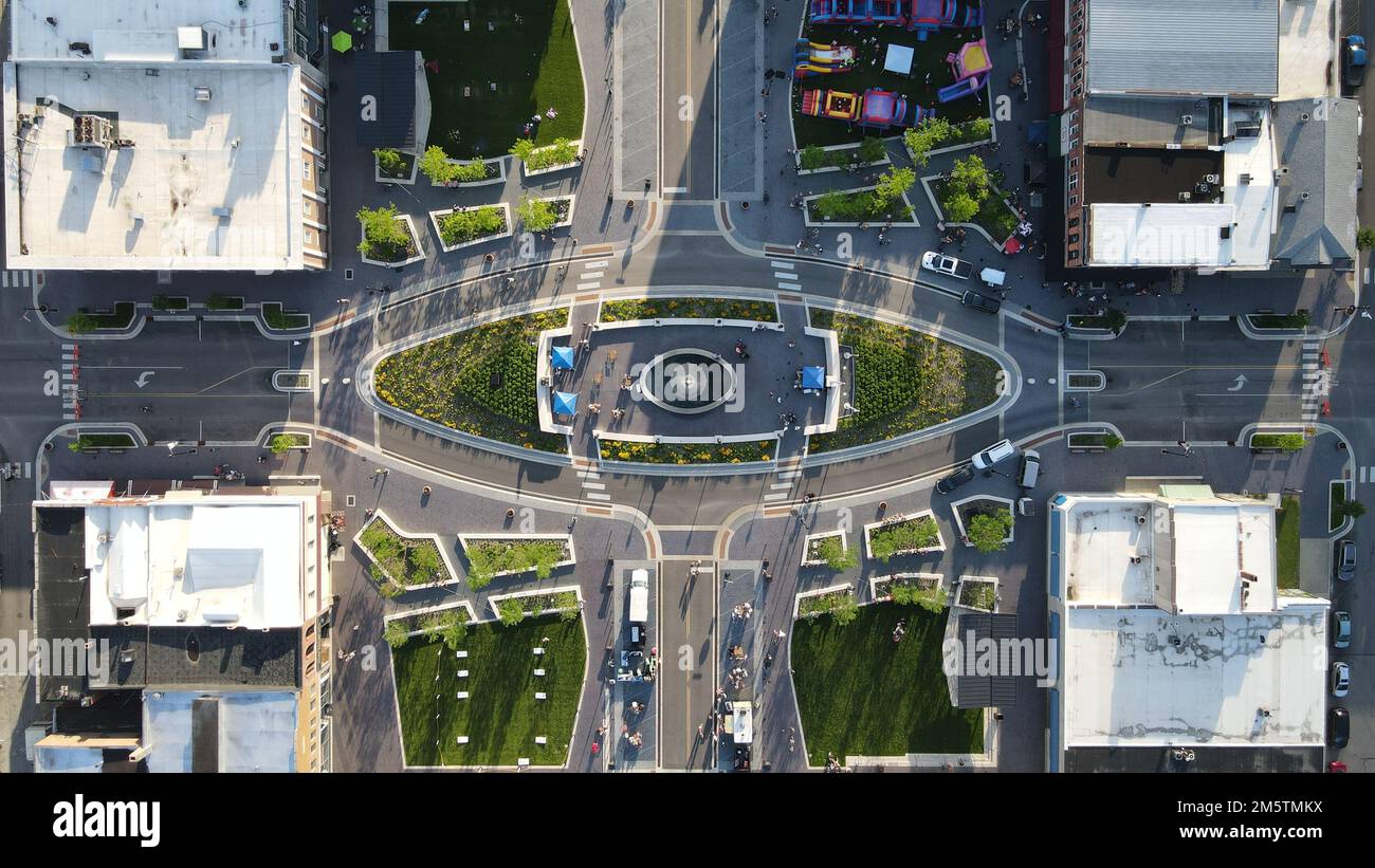 An aerial shot of the streets of Shelbyville full of roads and houses ...