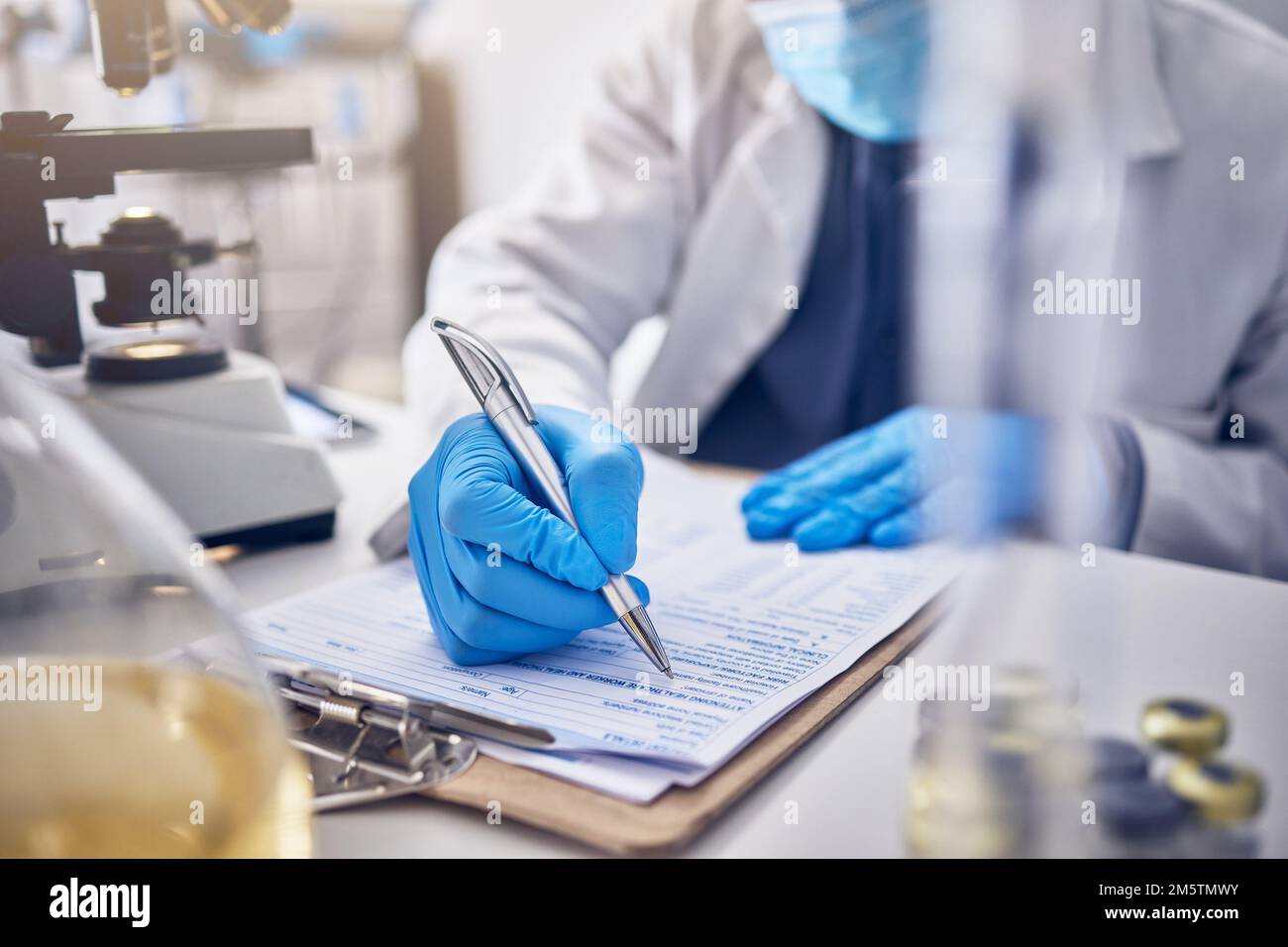 Research, clipboard and scientist writing, checklist and schedule form