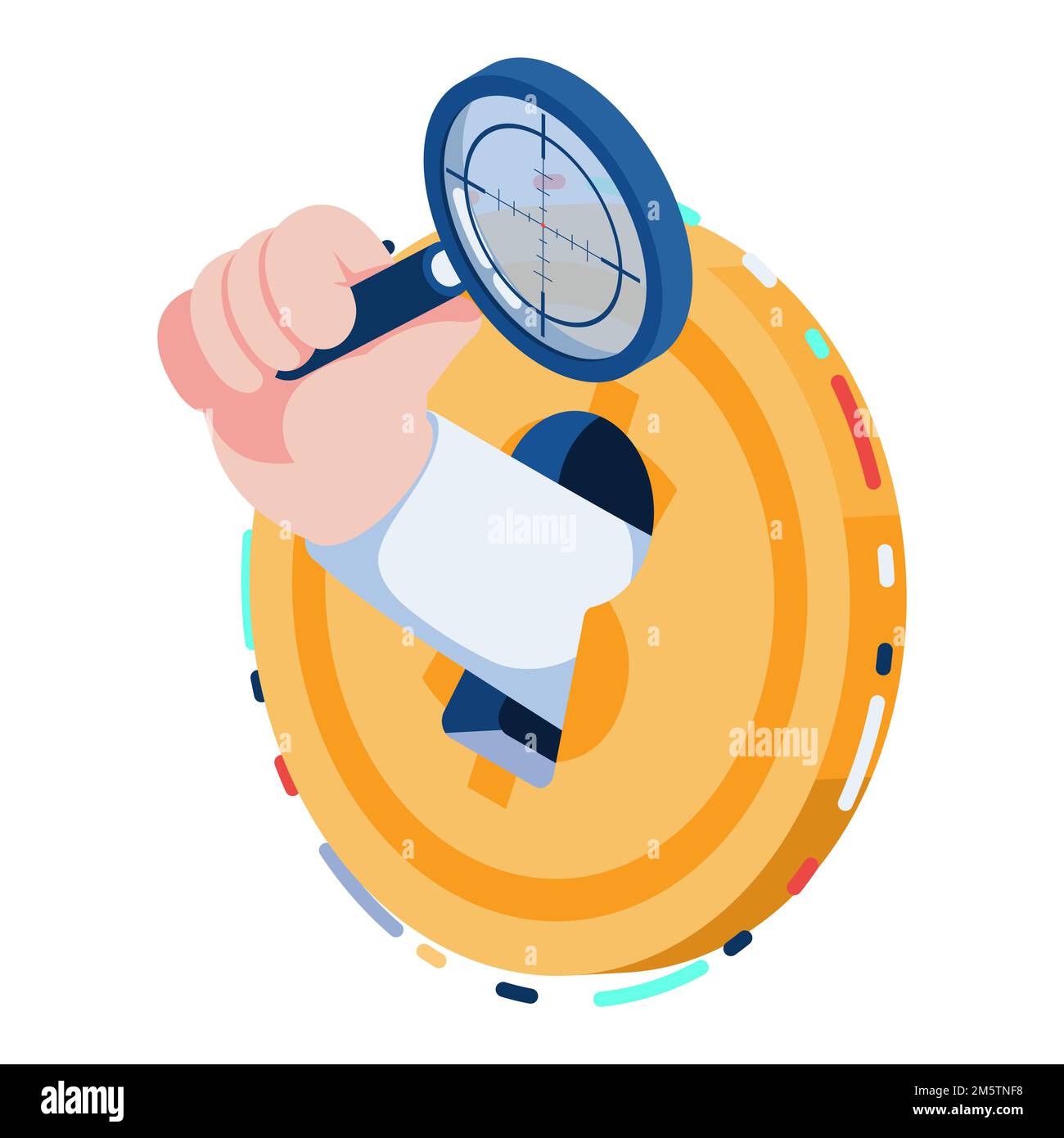 Flat 3d Isometric Businessman Hand with Magnifying Glass Come Out From Money Coin. Business Insider and Financial Expert Concept. Stock Vector