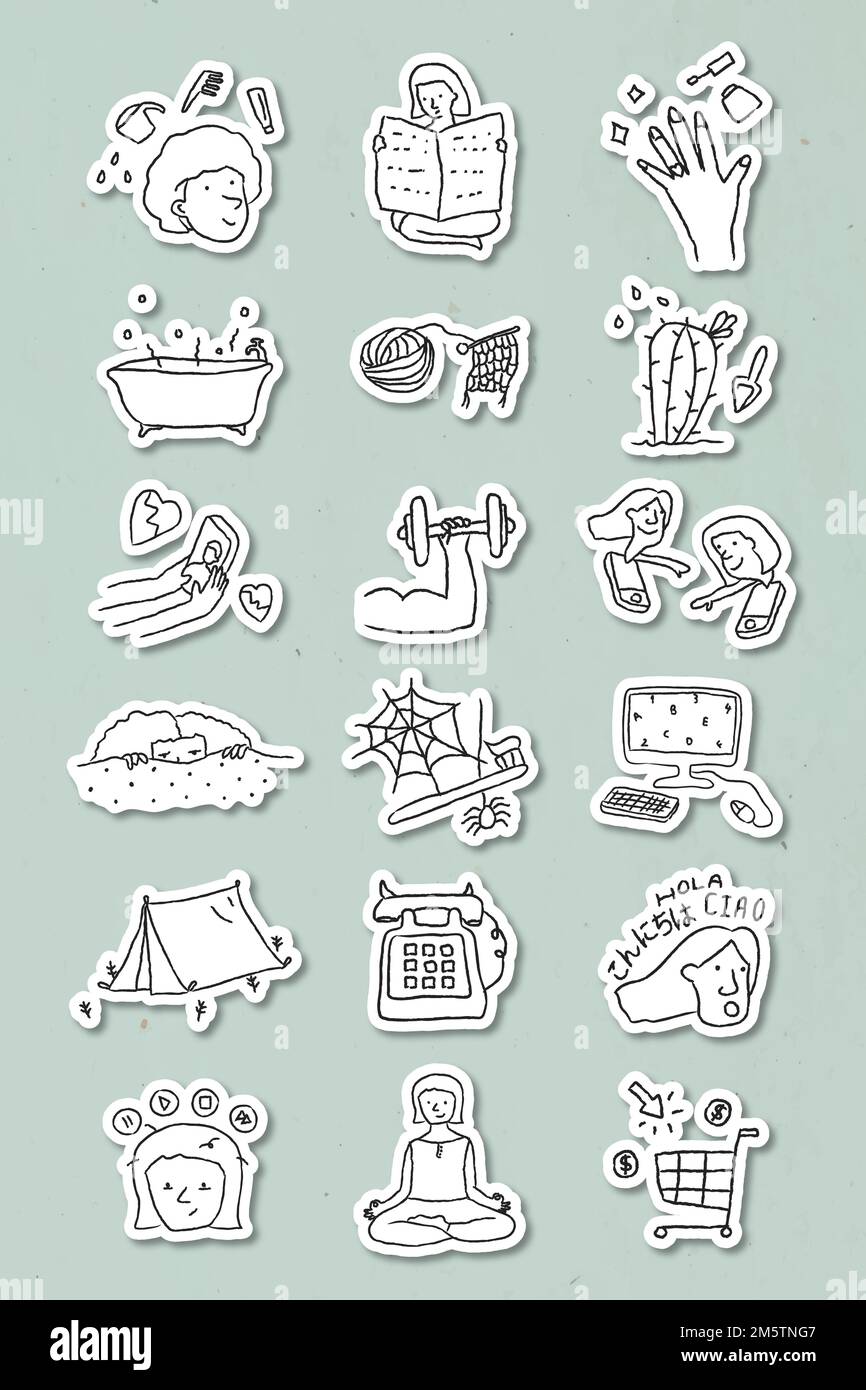 Activities at home doodle style sticker vector set Stock Vector