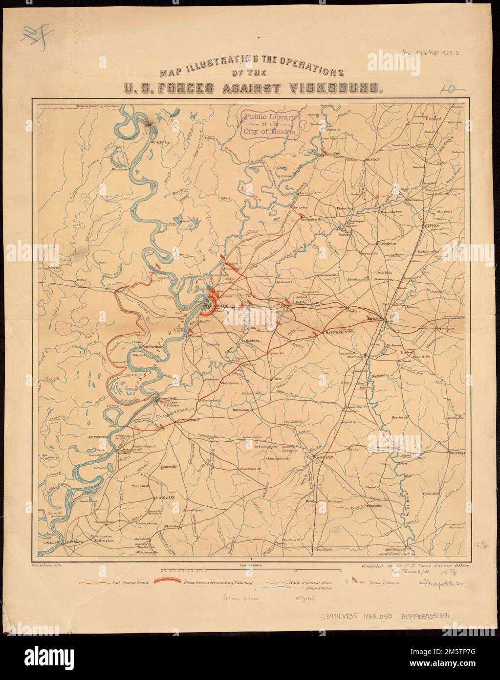 Map The Operations Of U S Forces Against Vicksburg Also Map The Operations Of Us Forces Against Vicksburg Also Shows The Tracks Of Genl Grant General Blair And Admiral Porter And Sites Of Union Victories Relief Shown By Hachures Mississippi Warren County Vicksburg 2M5TP7G 