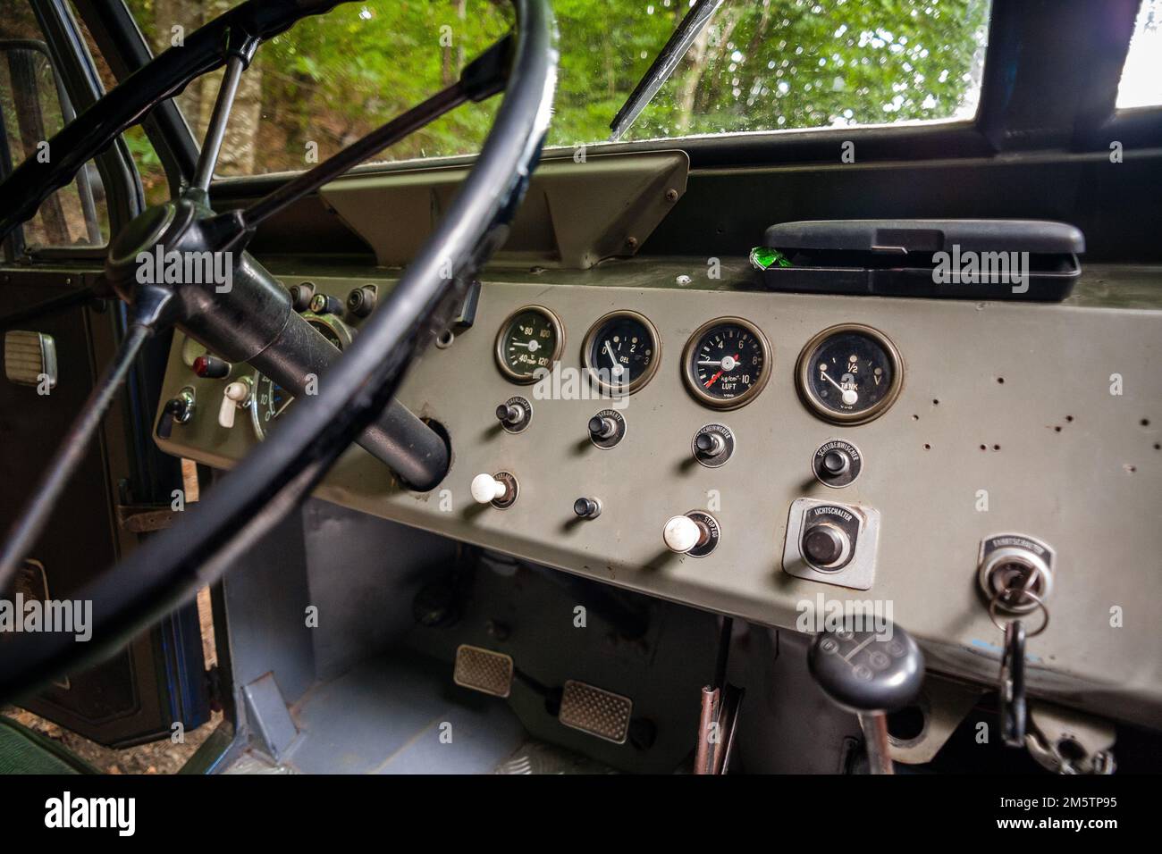 Closeup photo of a vintage Hanomag truck dashboard. Stock Photo