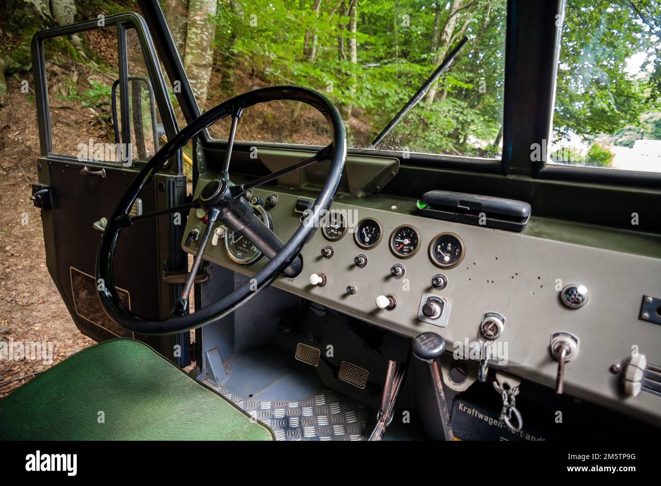 Closeup photo of a vintage Hanomag truck dashboard. Stock Photo