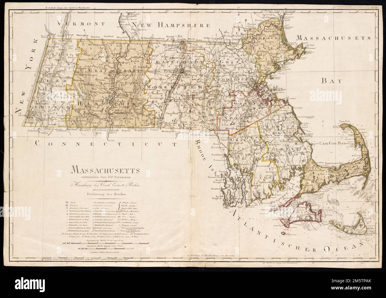 Massachusetts. Relief shown by hachures. Depths shown by soundings. Also shows county boundaries. Place names in German and English. "Zu Ebelings Erdbeschreibung von Amerika." Prime meridians: Greenwich and Washington. Atlas plate: No. III... Erdbeschreibung von Amerika. Erdbeschreibung von Amerika, Massachusetts Stock Photo