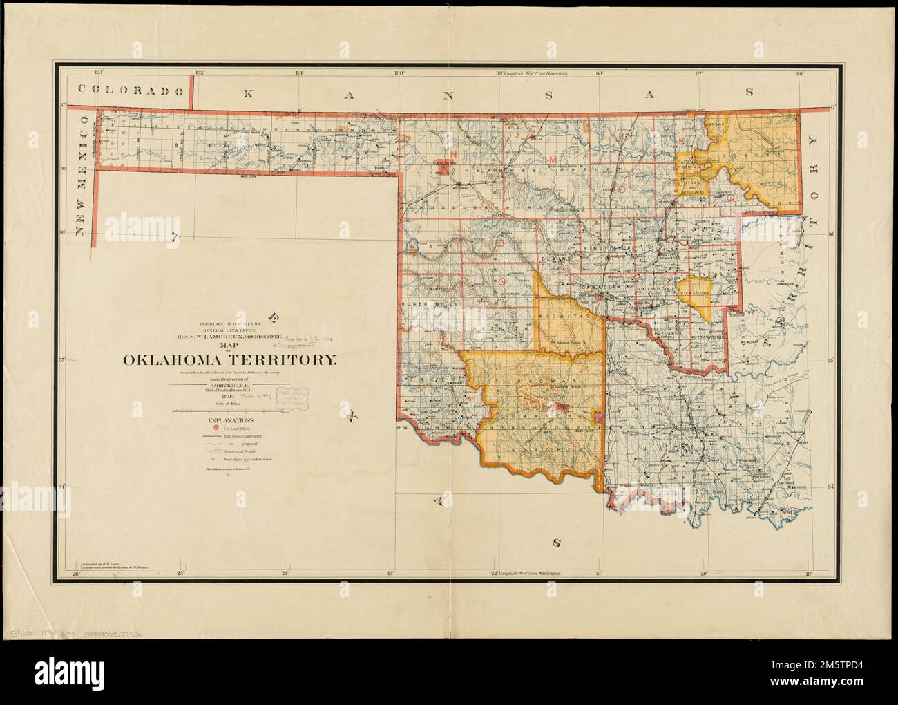 Map of Oklahoma Territory. Relief shown by shading. Shows roads, trails, railroads (proposed and contructed), U.S. land offices, and townships not subdivided. Map shows organized incorporated Oklahoma territory and Indian territory from 1890 before Oklahoma was admitted as a state. At head of title: Department of the Interior, General Land Office, Hon. S.W. Lamoreux, commissioner. Prime meridians: Washington and Greenwich.... , Oklahoma Stock Photo