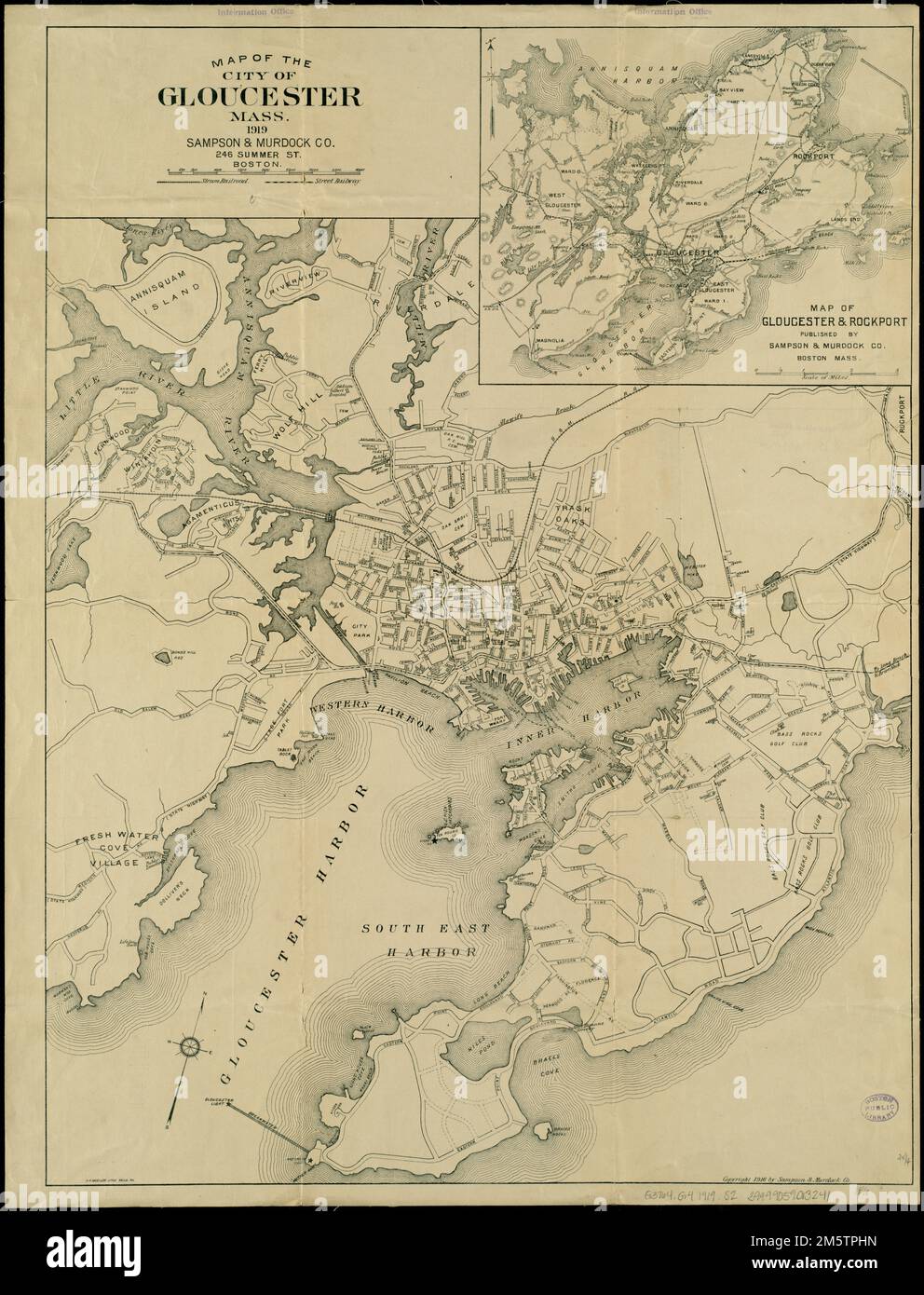 Map of the city of Gloucester, Mass. Oriented with north toward the upper right. Inset: Map of Gloucester & Rockport. Shows street railways and steam railroads.... , Massachusetts  , Essex  ,county   , Gloucester Massachusetts  , Essex  ,county   , Rockport Stock Photo