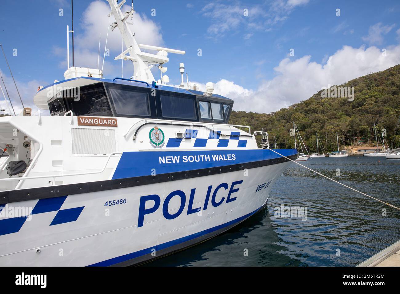 New South Wales police patrol boat the WP22 Vanguard moored on Pittwater at a marina in Church Point,Sydney,NSW,Australia Stock Photo