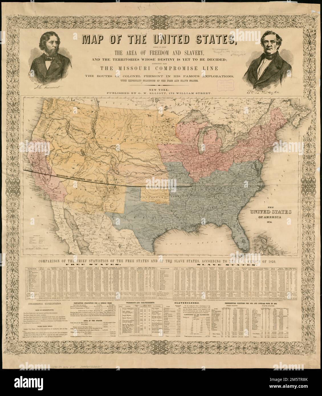 1856 slave map hi res stock photography - Map Of The United States Showing By Colors The Area Of Freedom And Slavery And The Territories Whose Destiny Is Yet To Be Decided Exhibiting Also The Missouri Compromise Line And The Routes Of Colonel Fremont In His Famous Explorations With Important Statistics Of The Free And Slave States Relief Shown By Hachures Hand Colored Includes Text Tables Ports And Decorative Border Published As A Campaign Poster Supporting The Republican Partys First Presidential Bid In 1856 This Broadside Provides A Commentary On The Geographical Sectionalism That Was Polarizing The Nation Using 1 2M5TR8K
