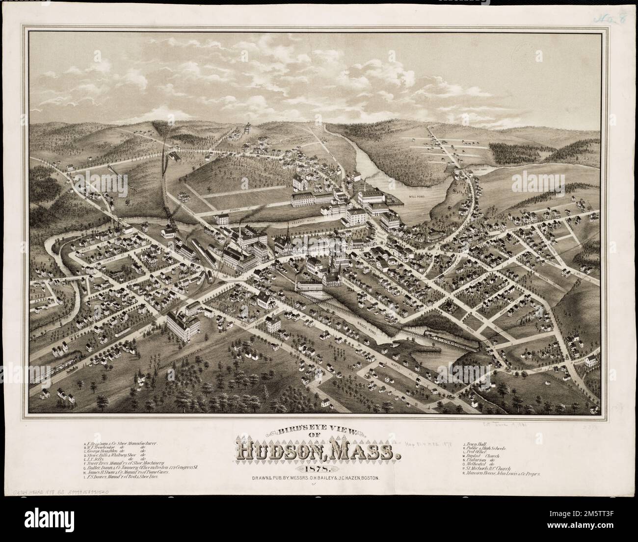 Bird's eye view of Hudson, Mass : 1878. Indexed for points of interest... BIrd's eye view of Hudson, Massachusetts. BIrd's eye view of Hudson, Massachusetts, Massachusetts  , Middlesex  ,county   , Hudson Stock Photo