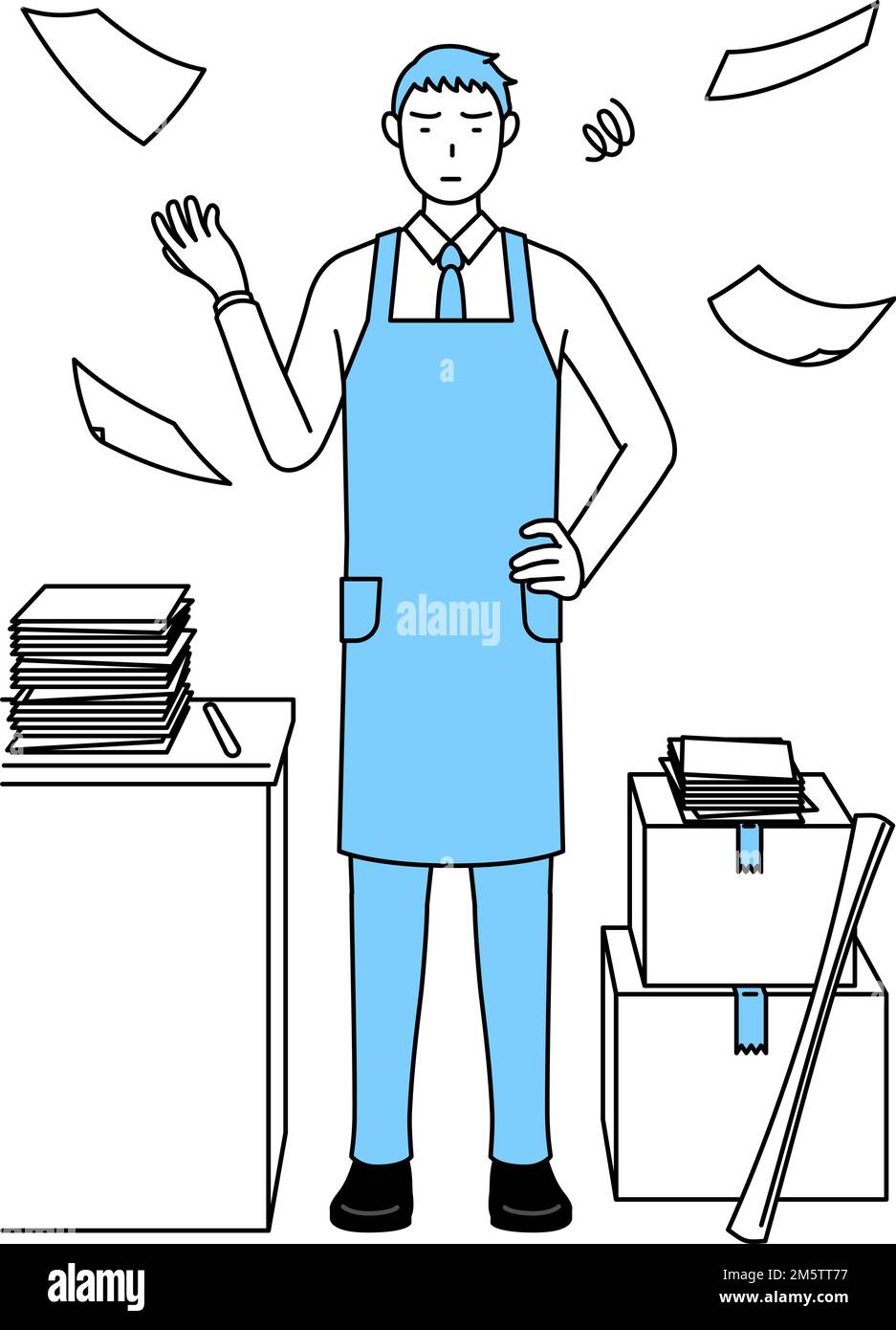 A man in an apron who is fed up with his business Stock