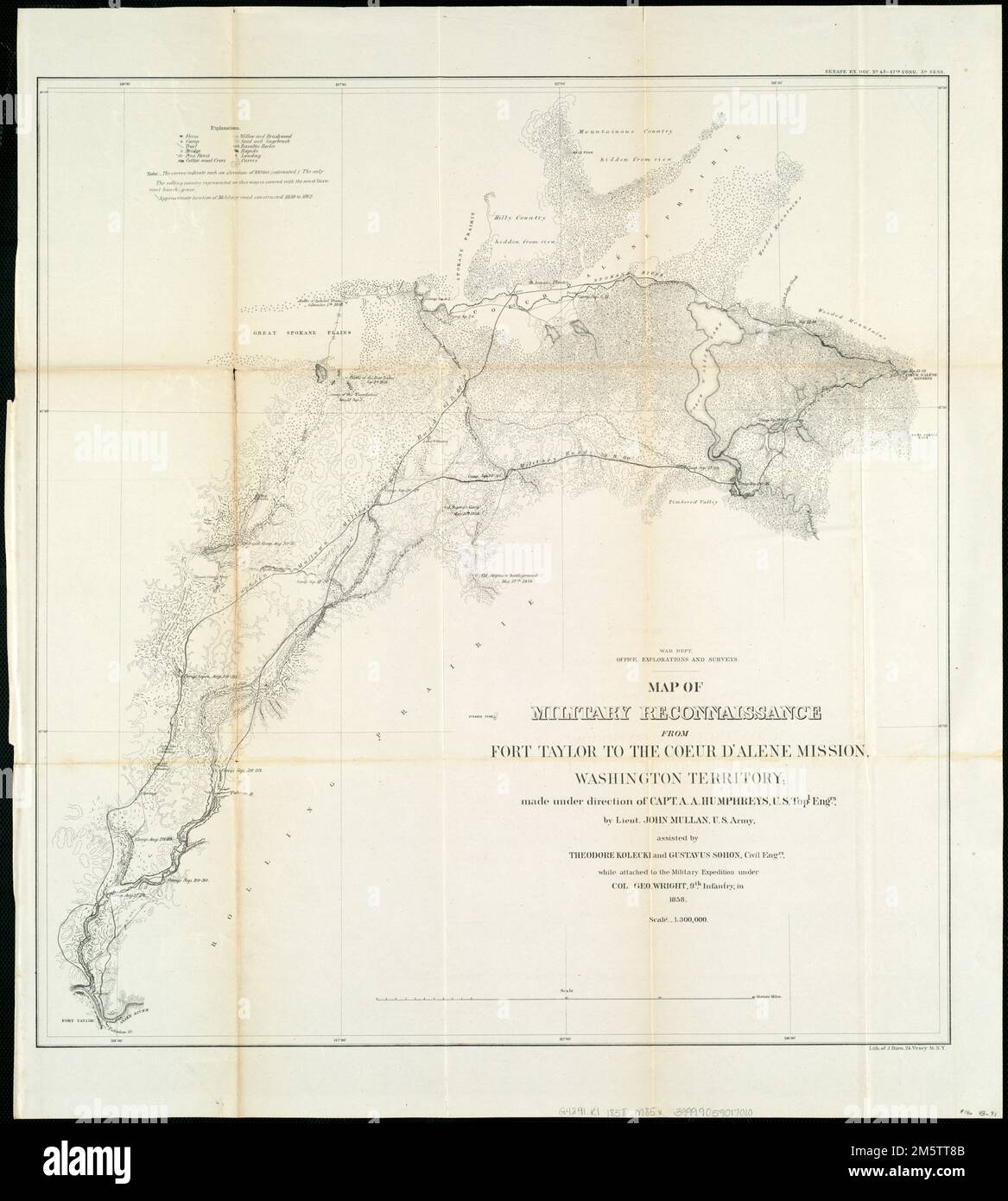 Map of military reconnaissance from Fort Taylor to the Coeur d'Alene mission, Washington Territory. Relief shown by form lines. Shows approximate location of military road constructed 1859 to 1862. Also shows farms, camps, trails, bridges, vegetation types, rapids, rock outcrops, landings, and locations of battles. 'Senate Ex. Doc. No. 43-47th Cong. 3d. Sess.'... , Idaho Washington Stock Photo