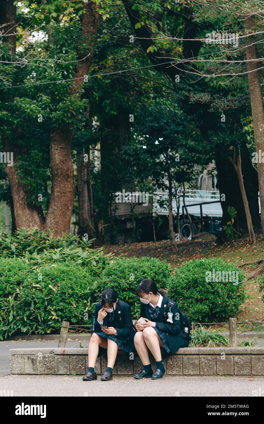 Young school students taking a stroll at Ueno Park Stock Photo - Alamy
