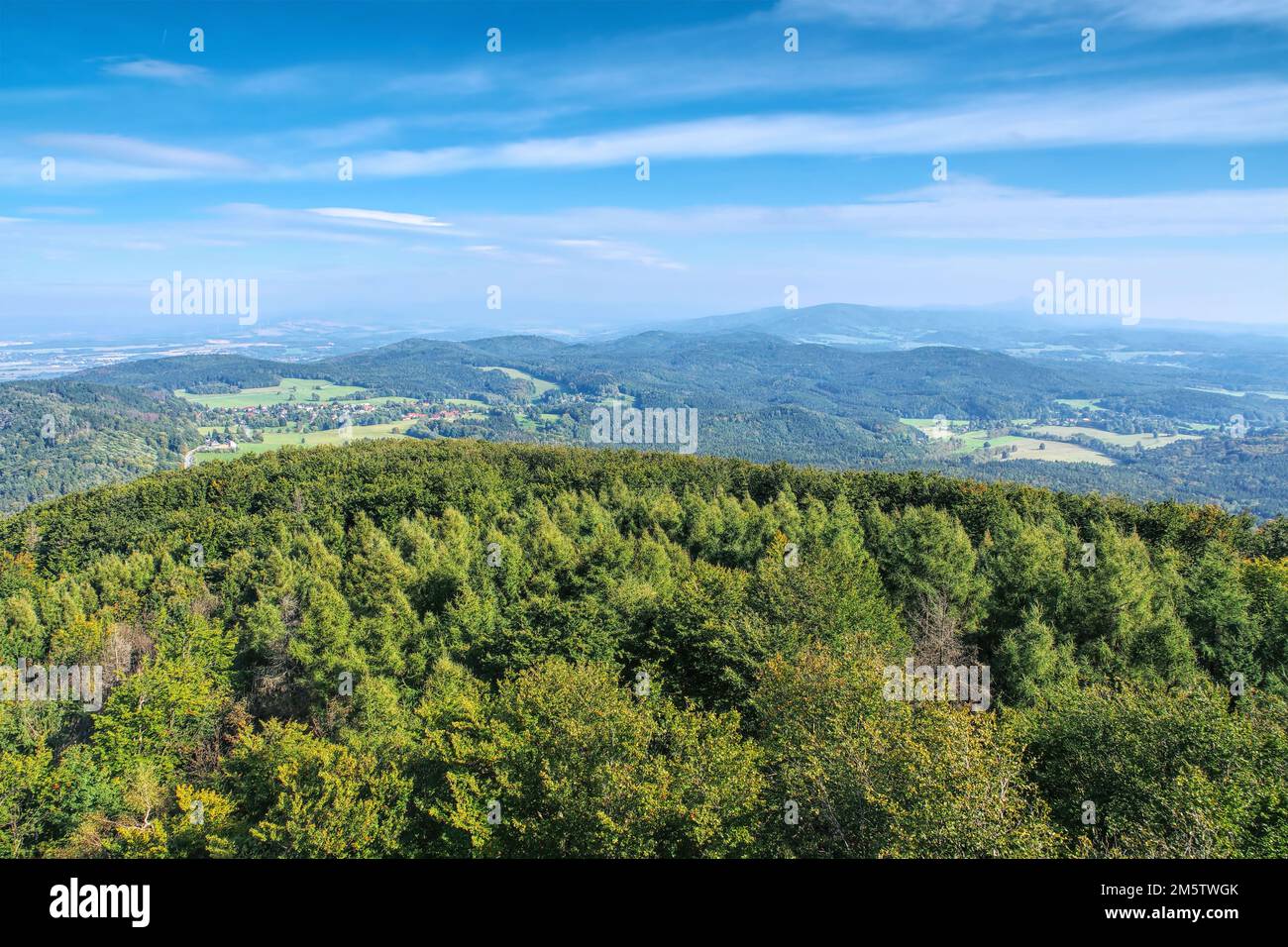 Zittau Mountains, view to the village Lueckendorf in autumn Stock Photo