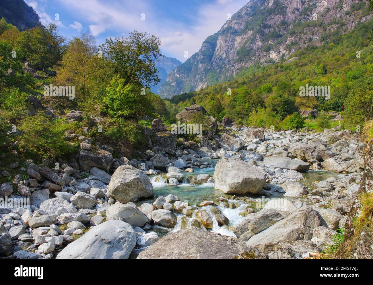 typical rocks in river Bavona in the Bavona Valley, Ticino in Switzerland, Europe Stock Photo