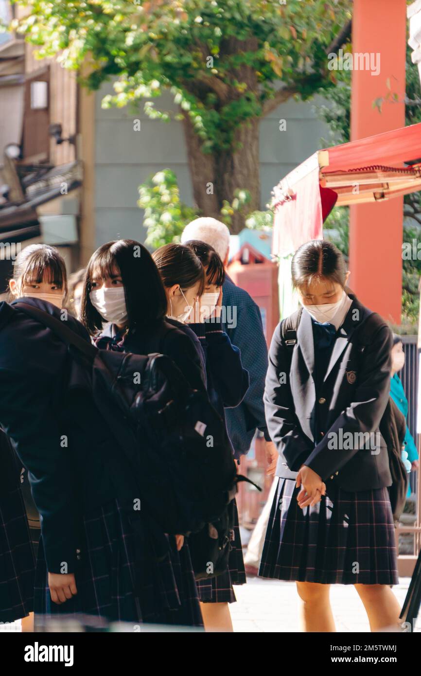 School girls in uniform at Asakusa Stock Photo