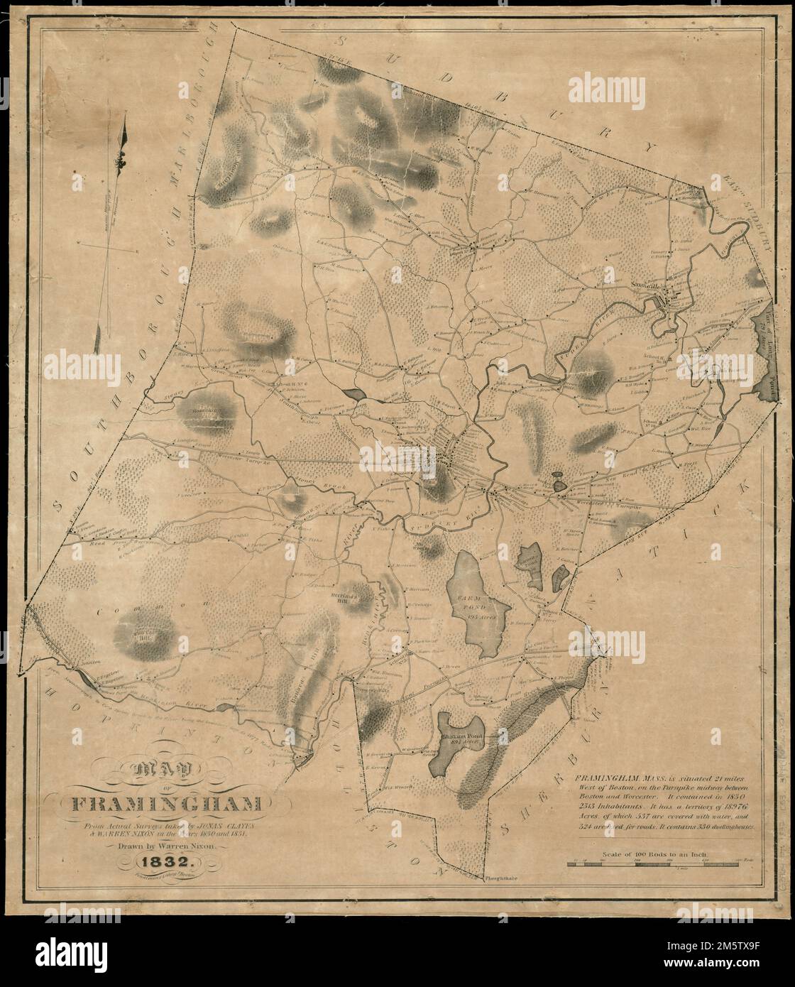 Map of Framingham from actual surveys taken by Jonas Clayes & Warren