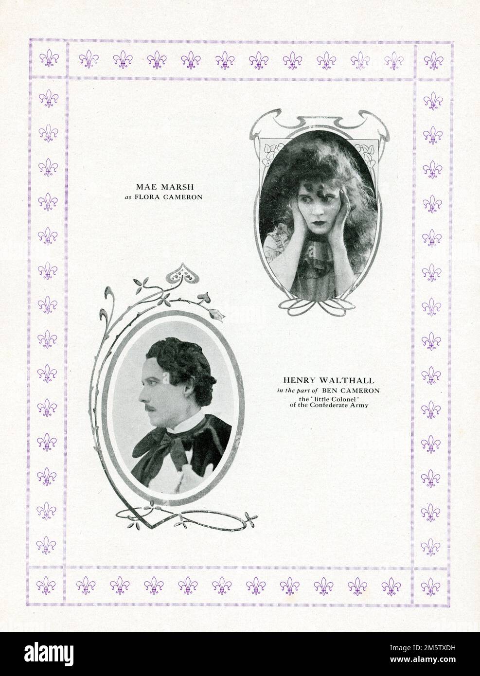 Inside Page featuring MAE MARSH and HENRY B. WALTHALL from original release British programme for Scala Theatre in London for THE BIRTH OF A NATION 1915 director D.W. GRIFFITH novel / play Thomas Dixon Jr. David W. Griffith Corp. / Epoch Producing Corporation Stock Photo