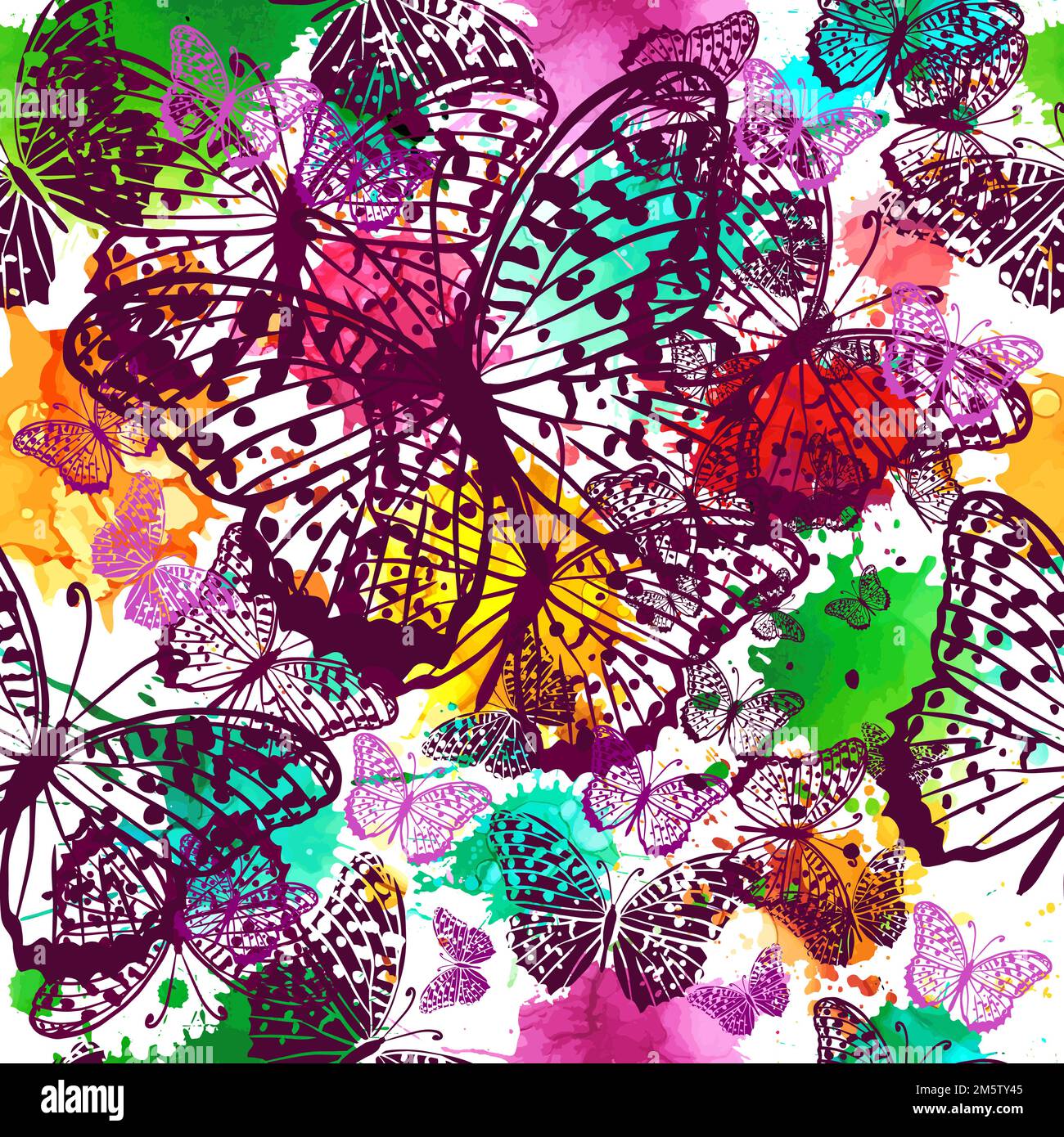 Watercolor seamless pattern with butterflies on white background. Hand ...