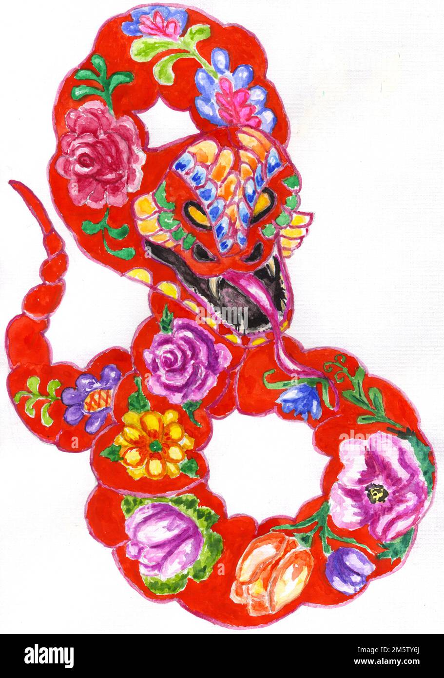 Decorative red snake with colorful flowers, hand drawn illustration ...