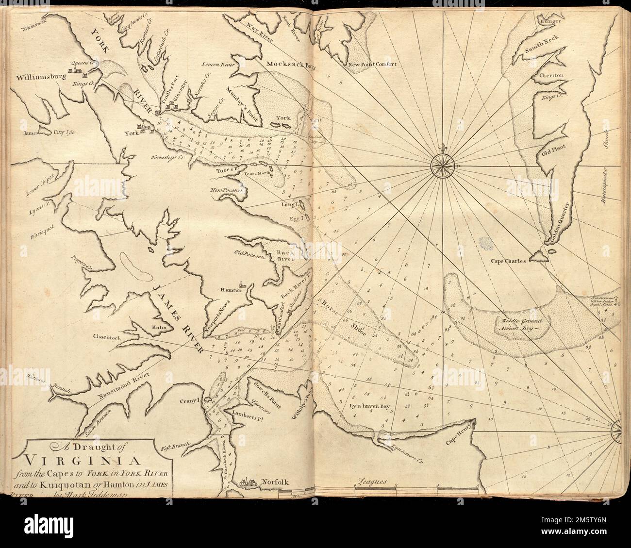 A draught of Virginia from the Capes to York in York River and to Kuiquotan or Hamton in James River. Depths shown by soundings. In the English pilot, the fourth book. London : Printed for William Mount and Thomas Page, 1737.... , Chesapeake Bay Virginia Stock Photo