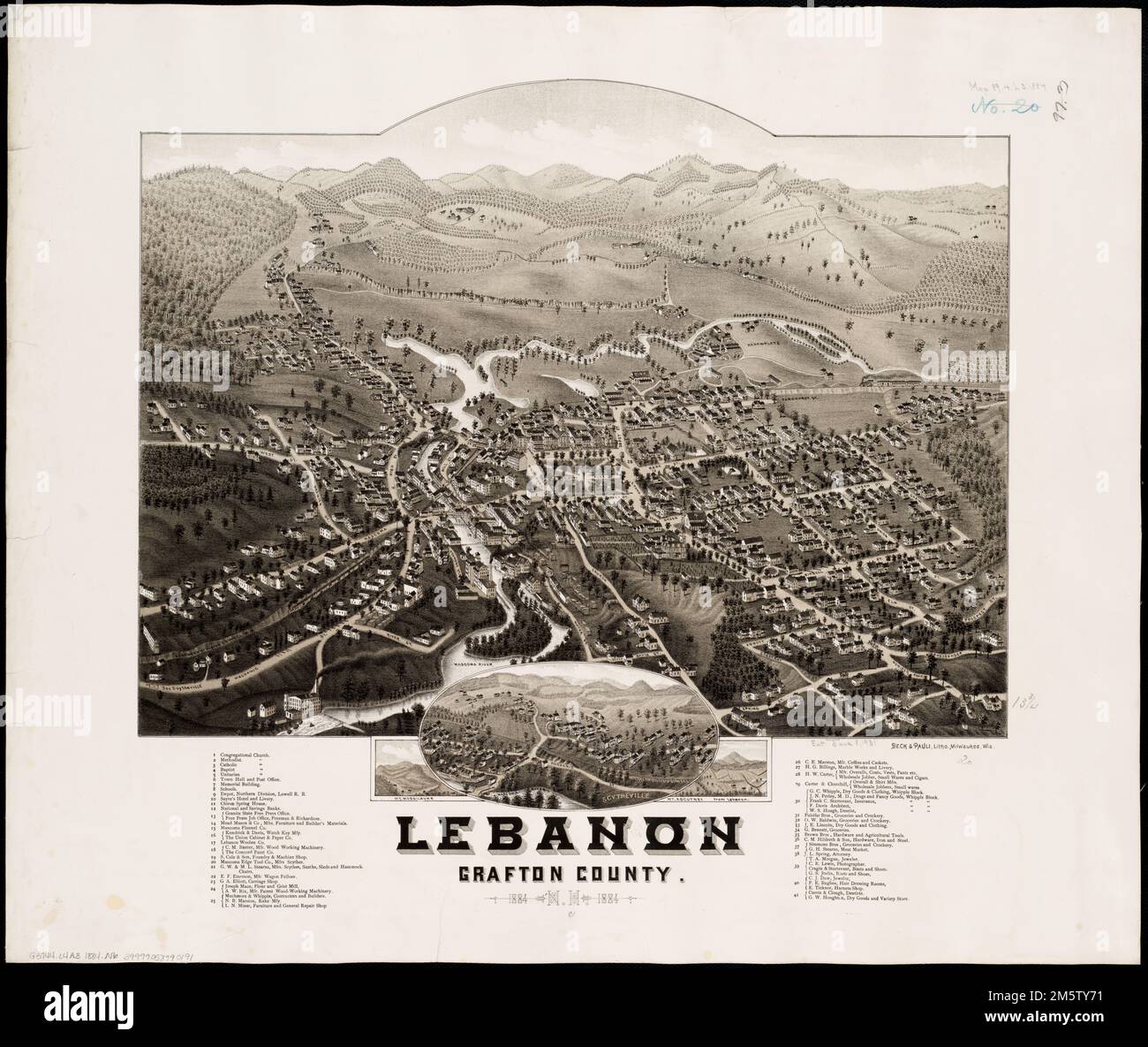 Lebanon, Grafton County, N.H : 1884. Bird's-eye view. Relief shown pictorially. Includes index to points of interest. Insets: [View of Scytheville] -- [View of Mt. Moosilauke] -- [View of Mt. Ascutney from Lebanon]... Lebanon, Grafton County, New Hampshire, 1884. Lebanon, Grafton County, New Hampshire, 1884, New Hampshire  , Grafton  ,county   , Lebanon Stock Photo