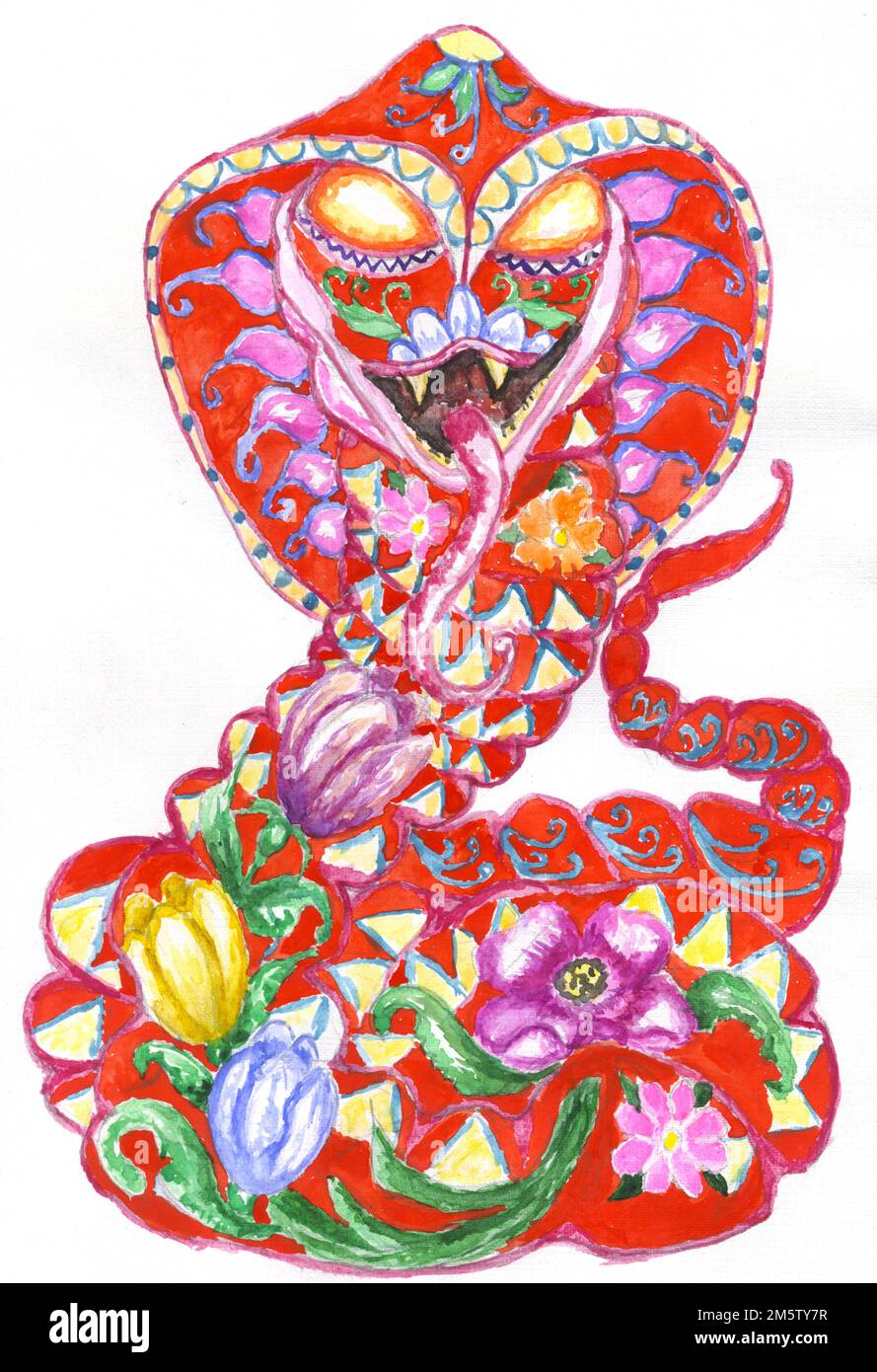 Decorative red snake with colorful flowers, hand drawn illustration ...
