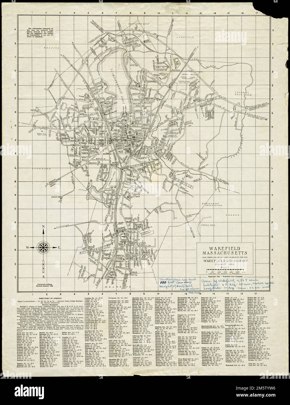 Wakefield, Massachusetts. Map depicts entire town of Wakefield in 1953