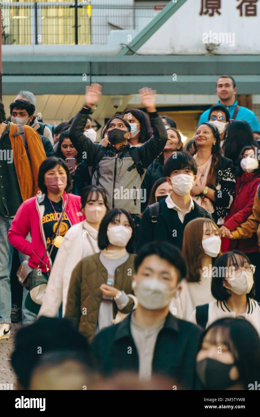 Large number of tourists in the crowded commercial streets of Harajuku Stock Photo