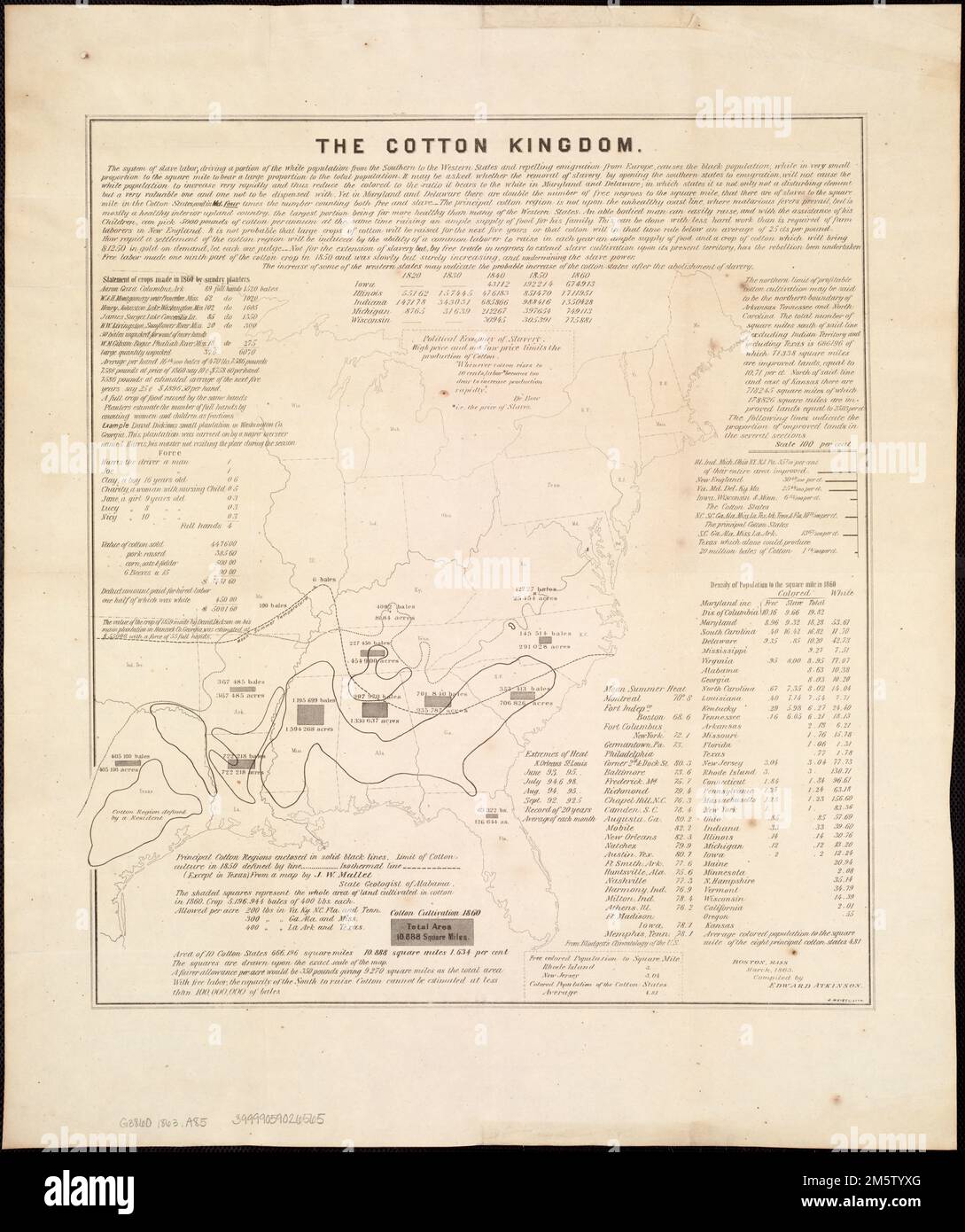 The cotton kingdom. Includes map and statistics relating to crops, temperature, population, etc. 'Boston, Mass[.] March, 1863. Compiled by Edward Atkinson.'. During the antebellum period, cotton was considered “king“ in the South, as it was the region’s predominant cash crop. Cotton cultivation began in coastal South Carolina, but with the invention of the cotton gin in 1793, spread rapidly as far west as Texas. Requiring fertile soil and an extensive growing season, there was a northern geographic limit to cotton cultivation. This boundary is suggested by the “mean summer temperature“ line on Stock Photo
