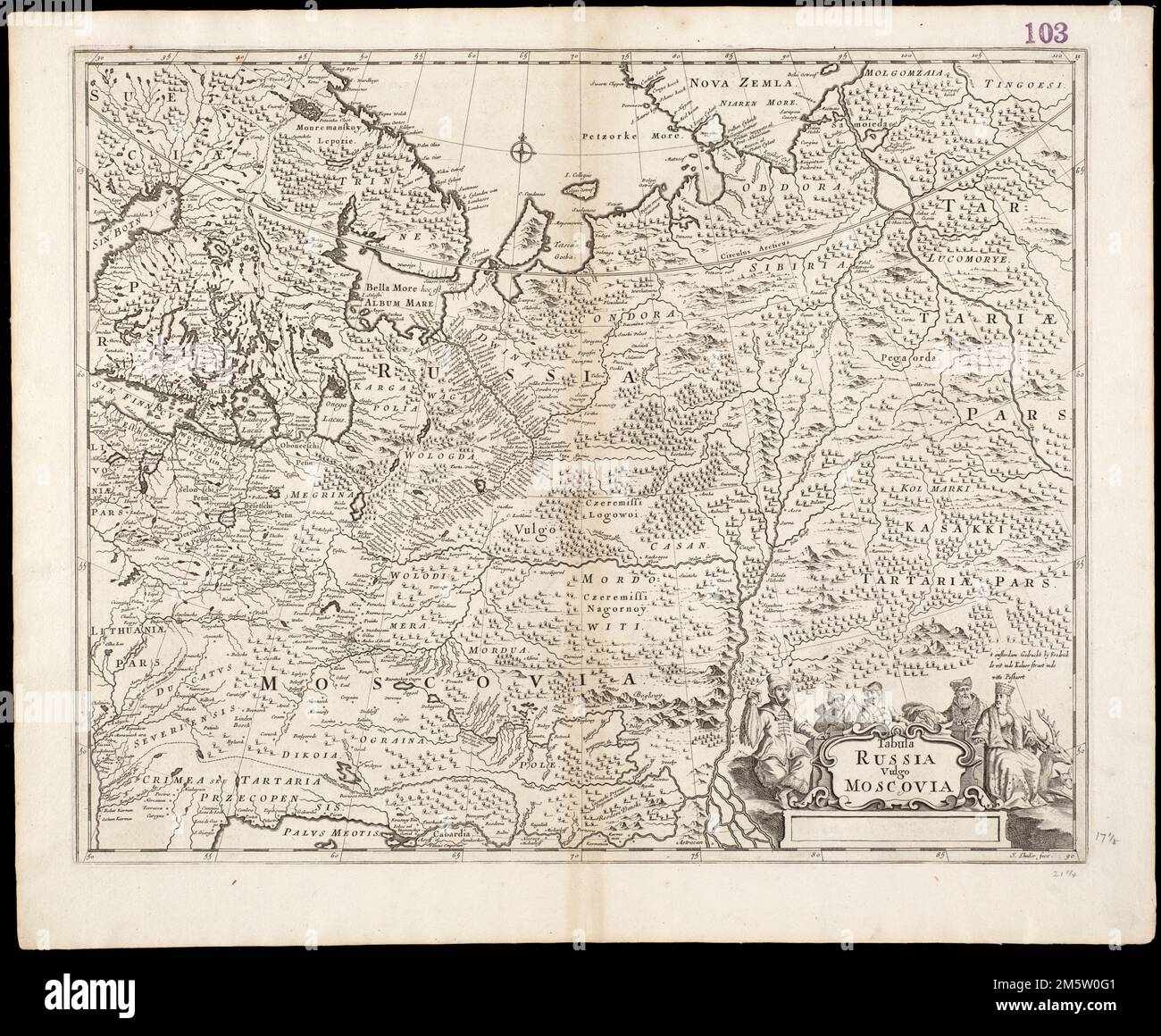 Tabula Russia vulgo Moscovia. J. Lhuilier, fecit. Imprint: t'Amsterdam : Gedruckt by Fredrick de Wit inde Kaluer straet inde witte Paskaert, [1688?]. Relief shown pictorially. Cataloging, conservation, and digitization made possible in part by The National Endowment for the Humanities: Exploring the human endeavor. Part of composite portfolio atlas with title 'Collection of old maps.'.. Collection of old maps. Collection of old maps, Russia Stock Photo