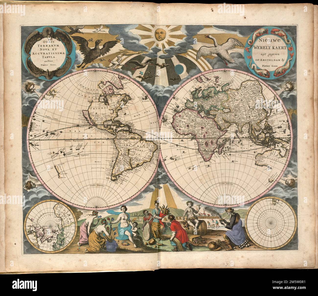 Orbis terrarum nova et accuratissima tabula. Double hemispherical map of the world. Appears in the author's De zee-atlas ofte water-wereld. t'Amsteldam: By Pieter Goos, 1672. Plate [1]. Cataloging, conservation, and digitization made possible in part by The National Endowment for the Humanities: Exploring the human endeavor.. Regions and Seasons: Allegorical figures of the seasons – both male and female – along with their characteristic symbols, are placed in the lower center of this double-hemisphere world map. Spring with her flowers sits near Summer with the Horn of Plenty, while “Old Man” Stock Photo