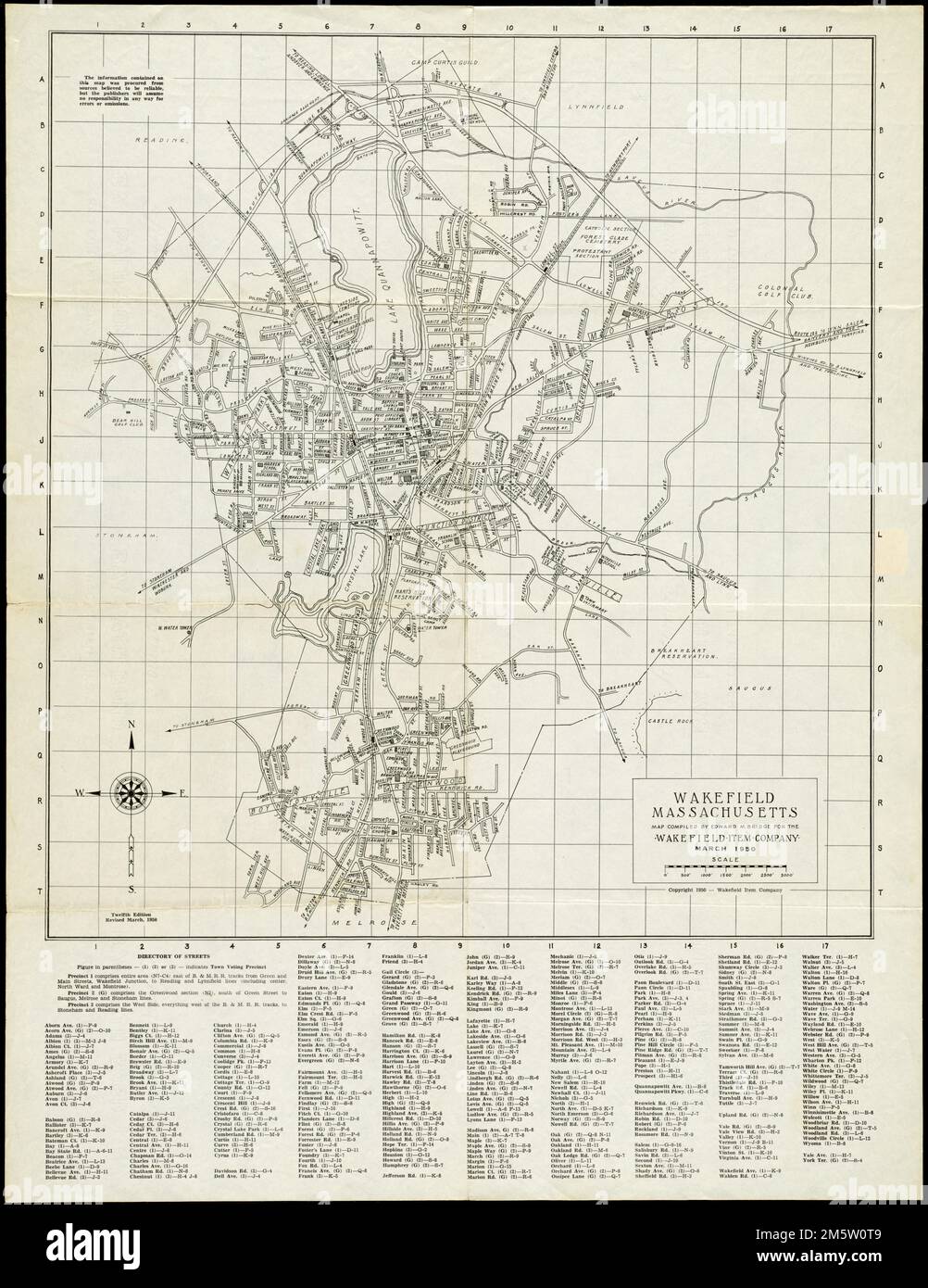 Wakefield, Massachusetts. Map depicts entire town of Wakefield in 1950, showing streets, major