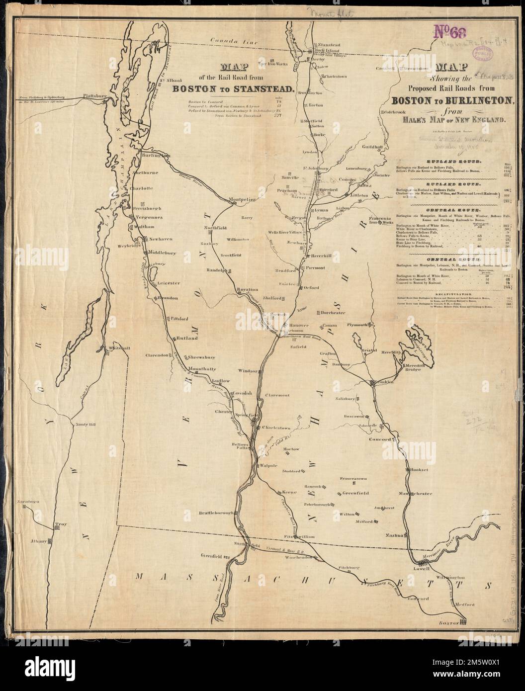 Map of the rail road from Boston to Stanstead. Outline map covering northeastern New York