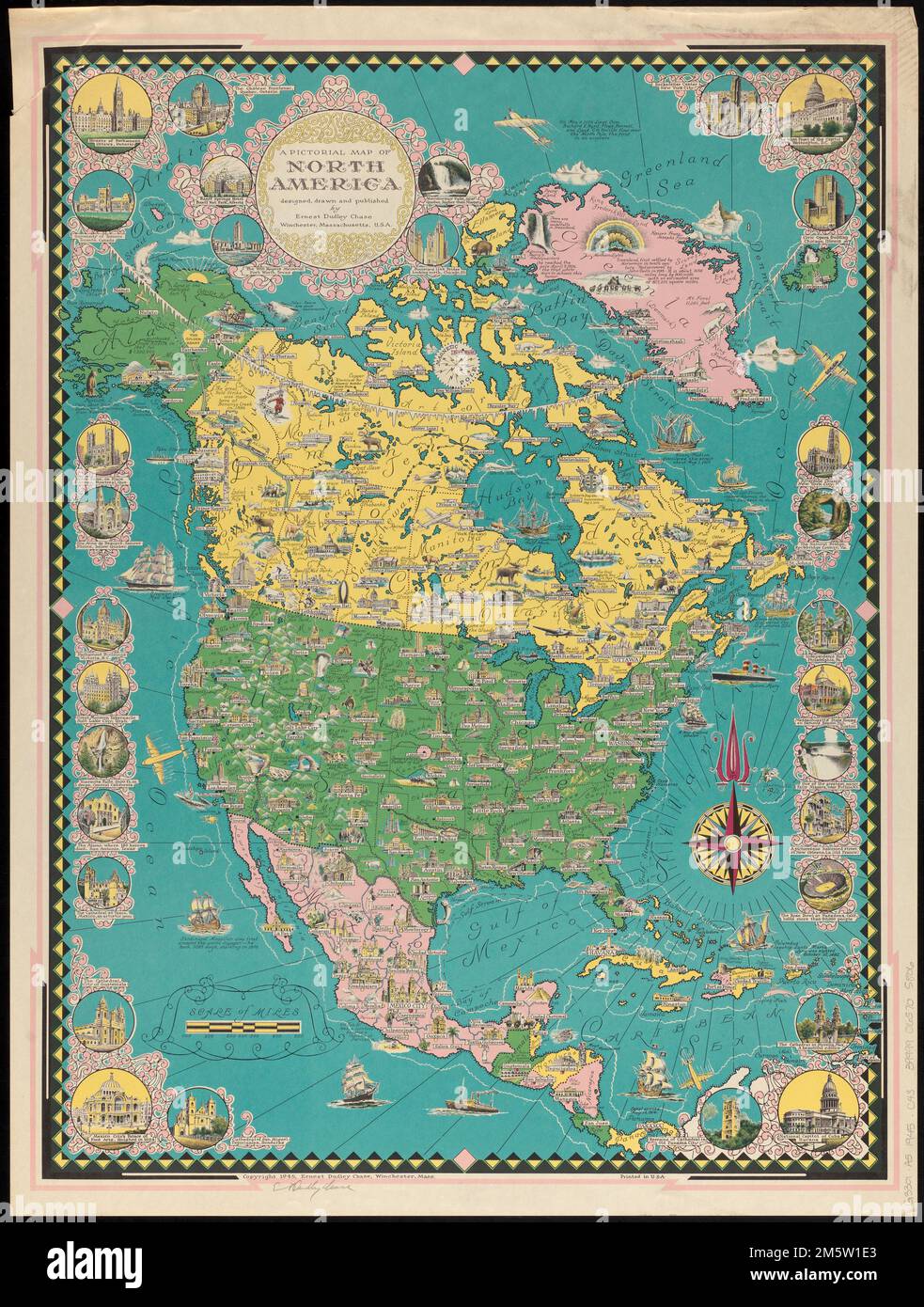 A pictorial map of North America. Shows capitols and other public