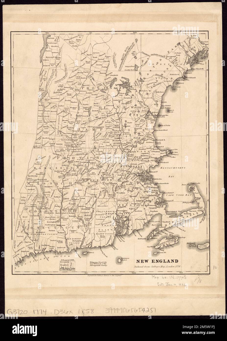 New England : reduced from Jeffrey's [sic] map, London, 1774. Relief ...