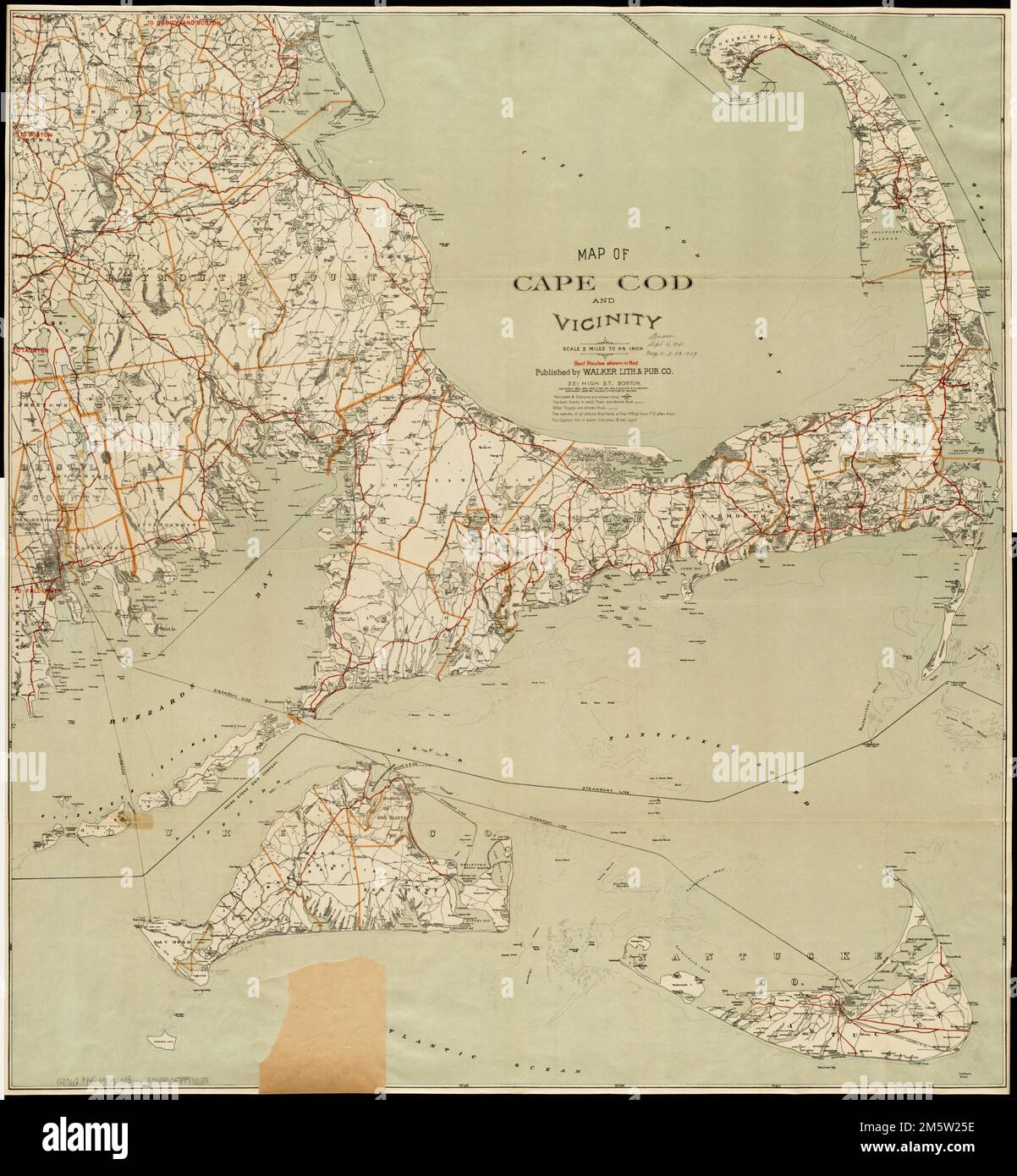 Map of Cape Cod and vicinity. Best routes shown in red