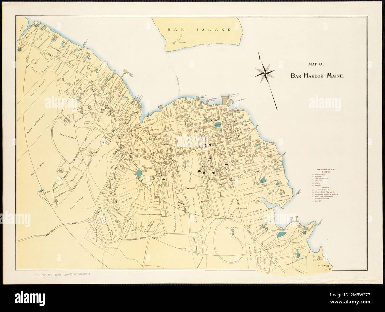 Map of bar harbor maine oriented with north toward the upper left